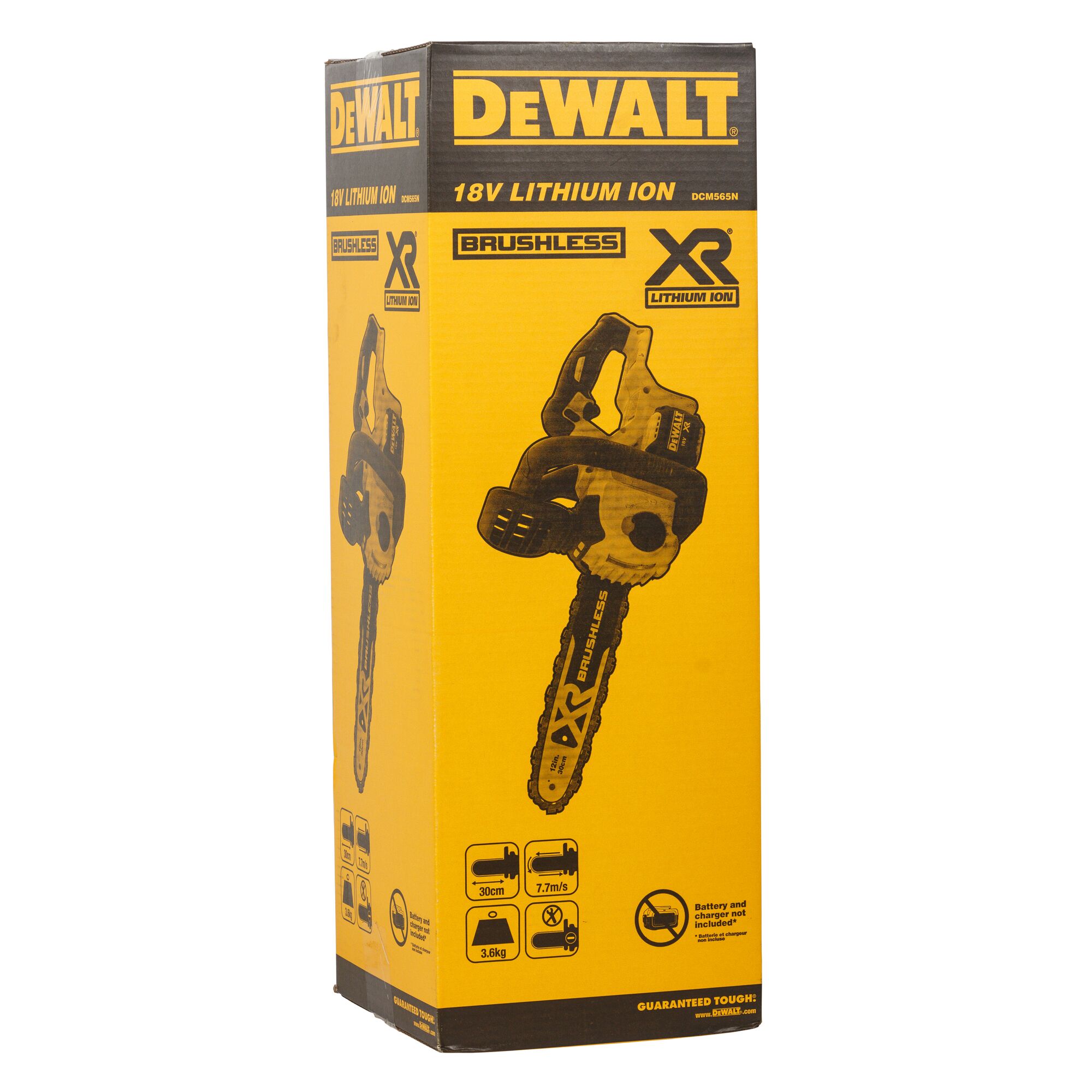 Product packaging of a DEWALT 18V Lithium Ion XR Brushless chainsaw, model DCM565N. The box is mainly yellow and black, featuring a graphic of the chainsaw and highlighting specifications such as bar length (30 cm), cutting speed (7.7 m/s), weight (3.6 kg), and notes that the battery and charger are not included.