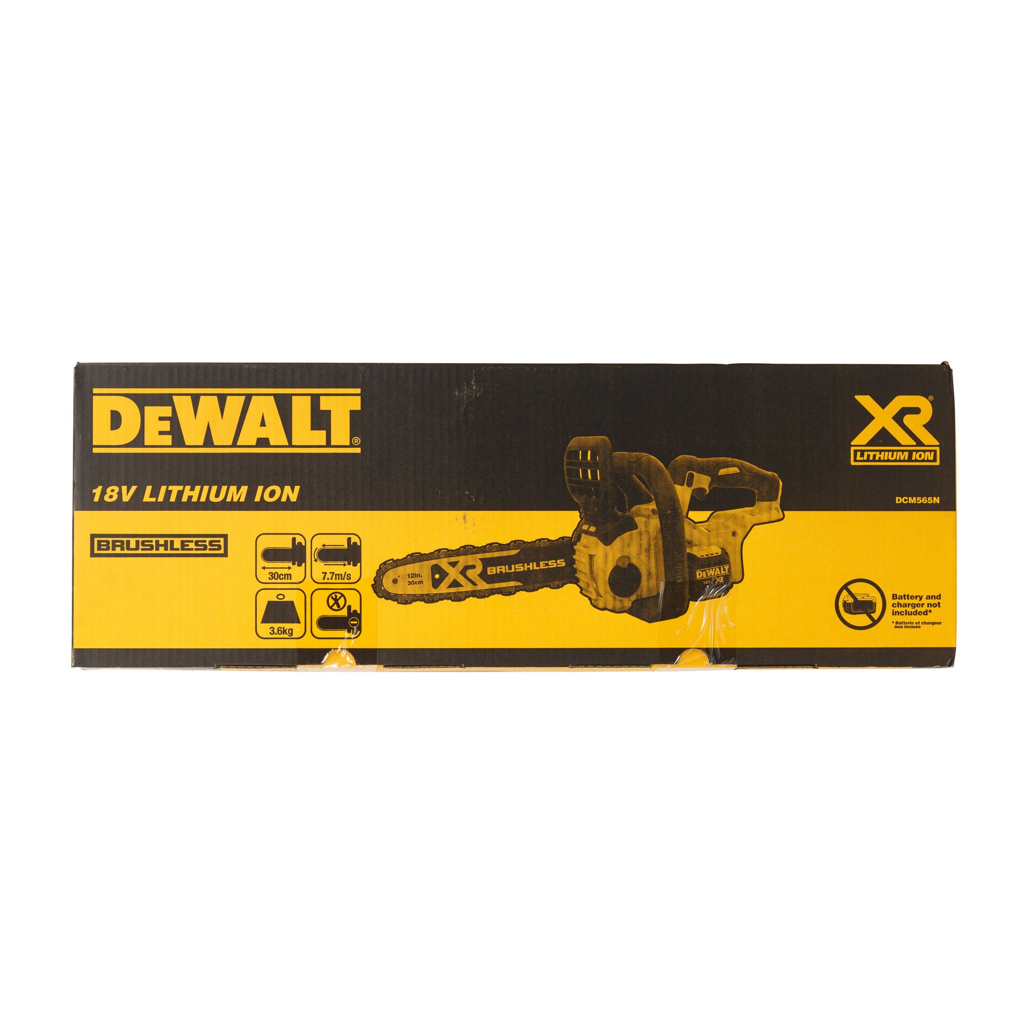 Product box for DEWALT DCM565N XR 18V Lithium Ion brushless chainsaw, showing product features like 30cm blade length, 7.7m/s chain speed, and 3.6kg weight. Battery and charger are not included.
