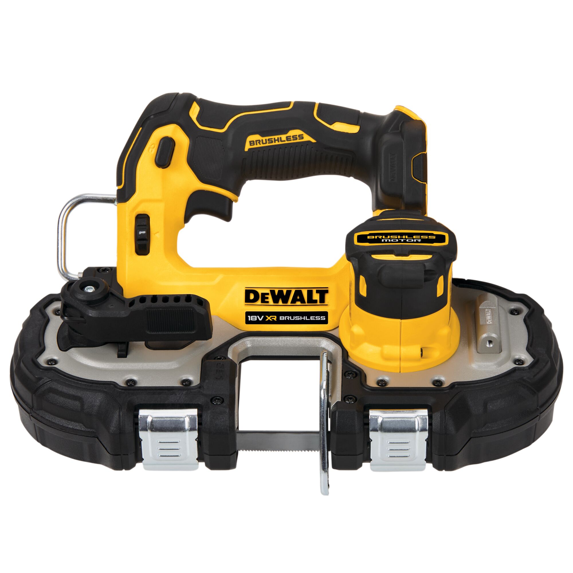DEWALT 18V XR Brushless portable band saw, model DCS377NT, featuring a yellow and black design with a compact handle, battery slot, and metal cutting surface.