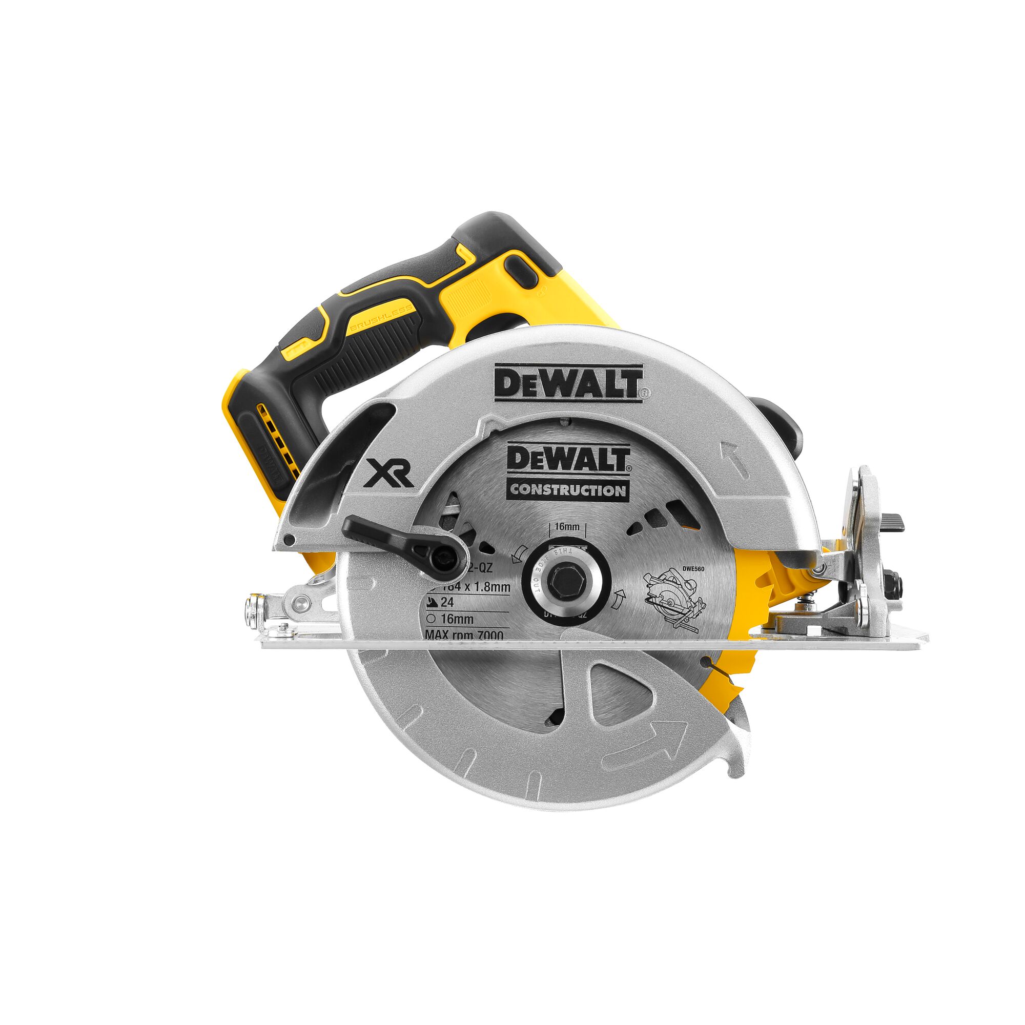 DEWALT DCS570N cordless circular saw with silver blade guard and black-yellow handle, front view.
