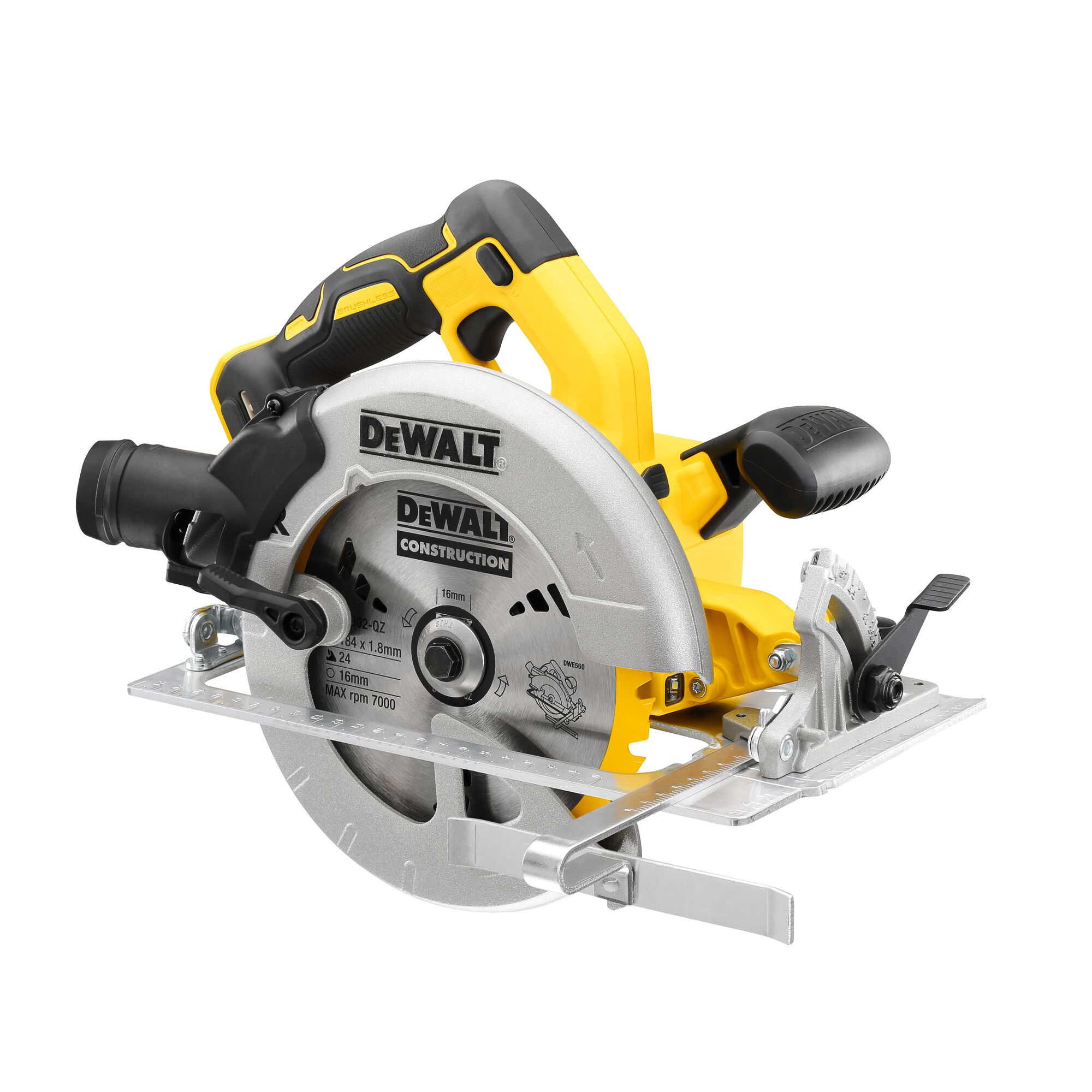 DEWALT DCS570N cordless circular saw with yellow and black handle, blade guard and guide.