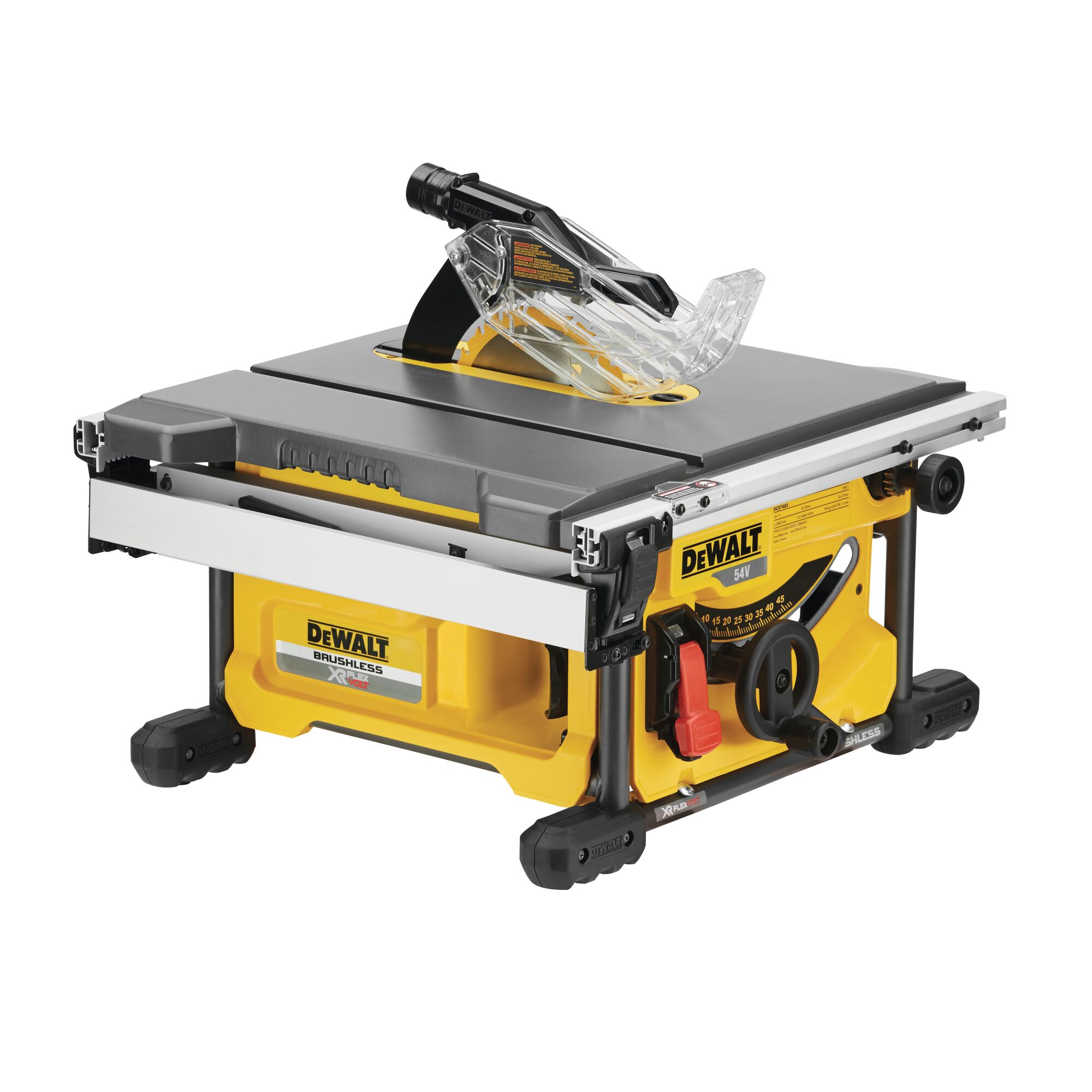 DEWALT DCS7485N brushless XR table saw with a yellow and black design, featuring a transparent blade guard and adjustable fence, suitable for woodworking and construction.