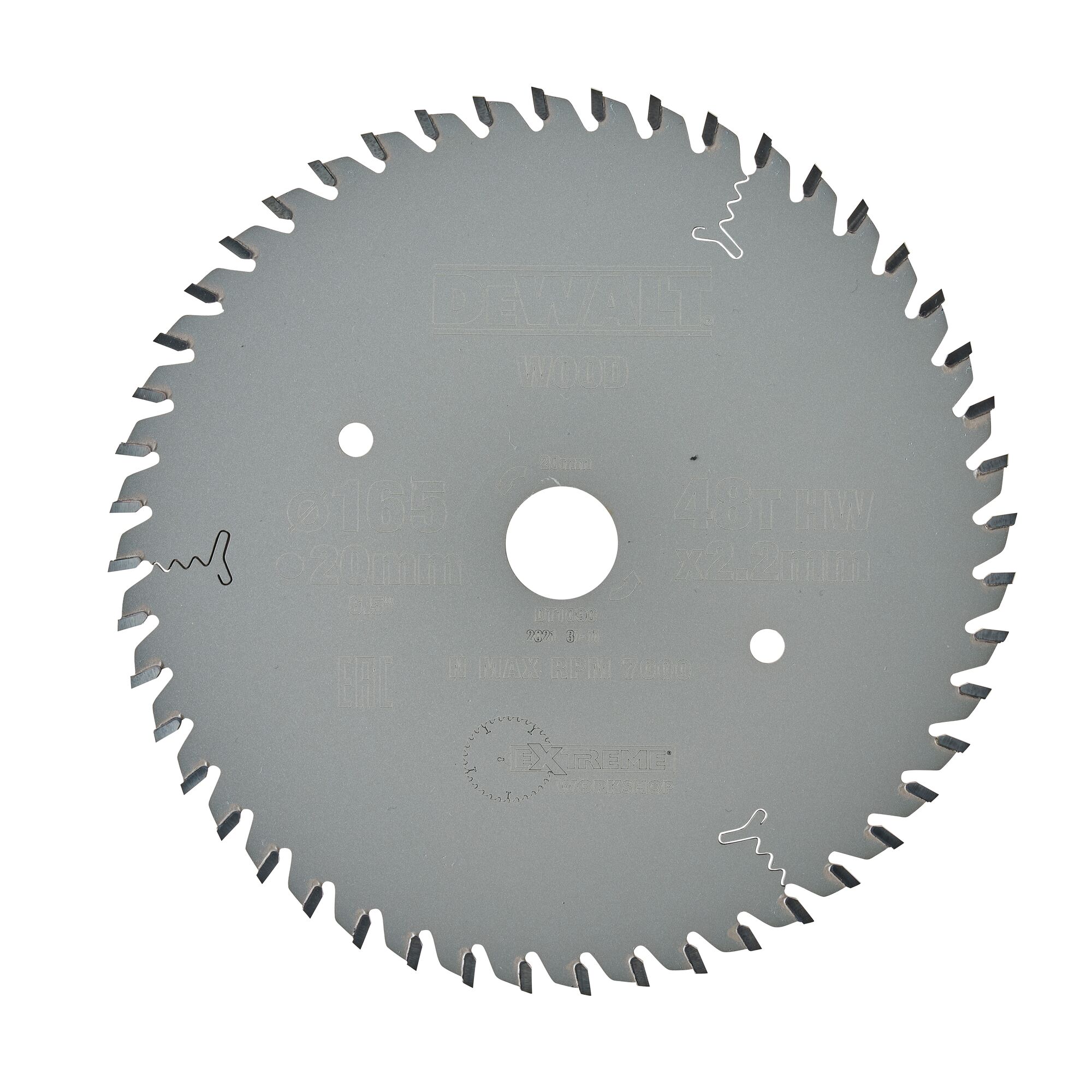 A DEWALT circular saw blade with 48 teeth, designed for cutting wood. The blade is metallic, round, and has a hole in the center for mounting on a saw. Product details and specifications are engraved on the surface.