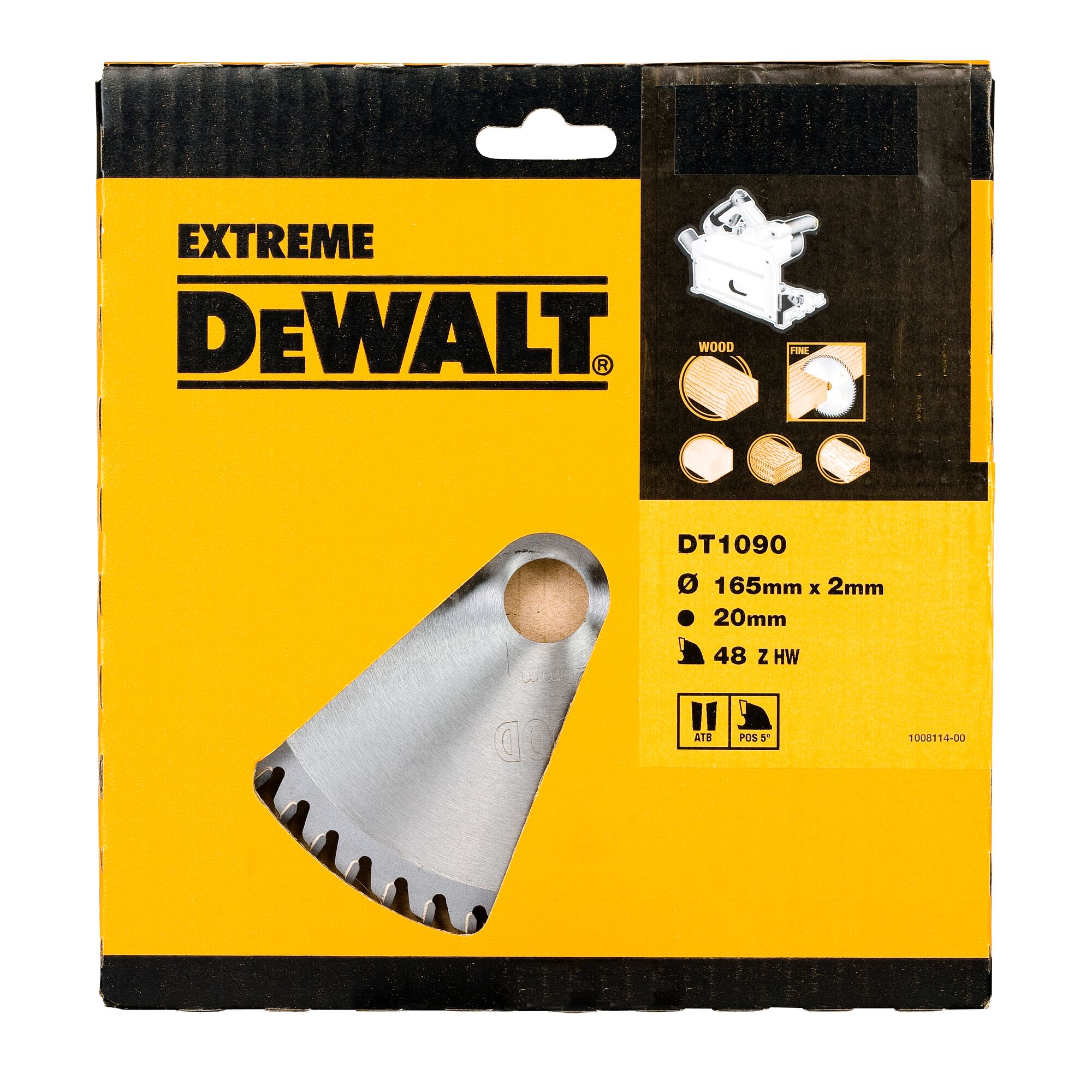 Packaging of a DEWALT Extreme DT1090 circular saw blade. The box is yellow and black, showing product details including specifications: diameter 165mm x 2mm, bore 20mm, 48 teeth, suitable for wood and fine cutting. Part of the blade is visible through an opening in the package.