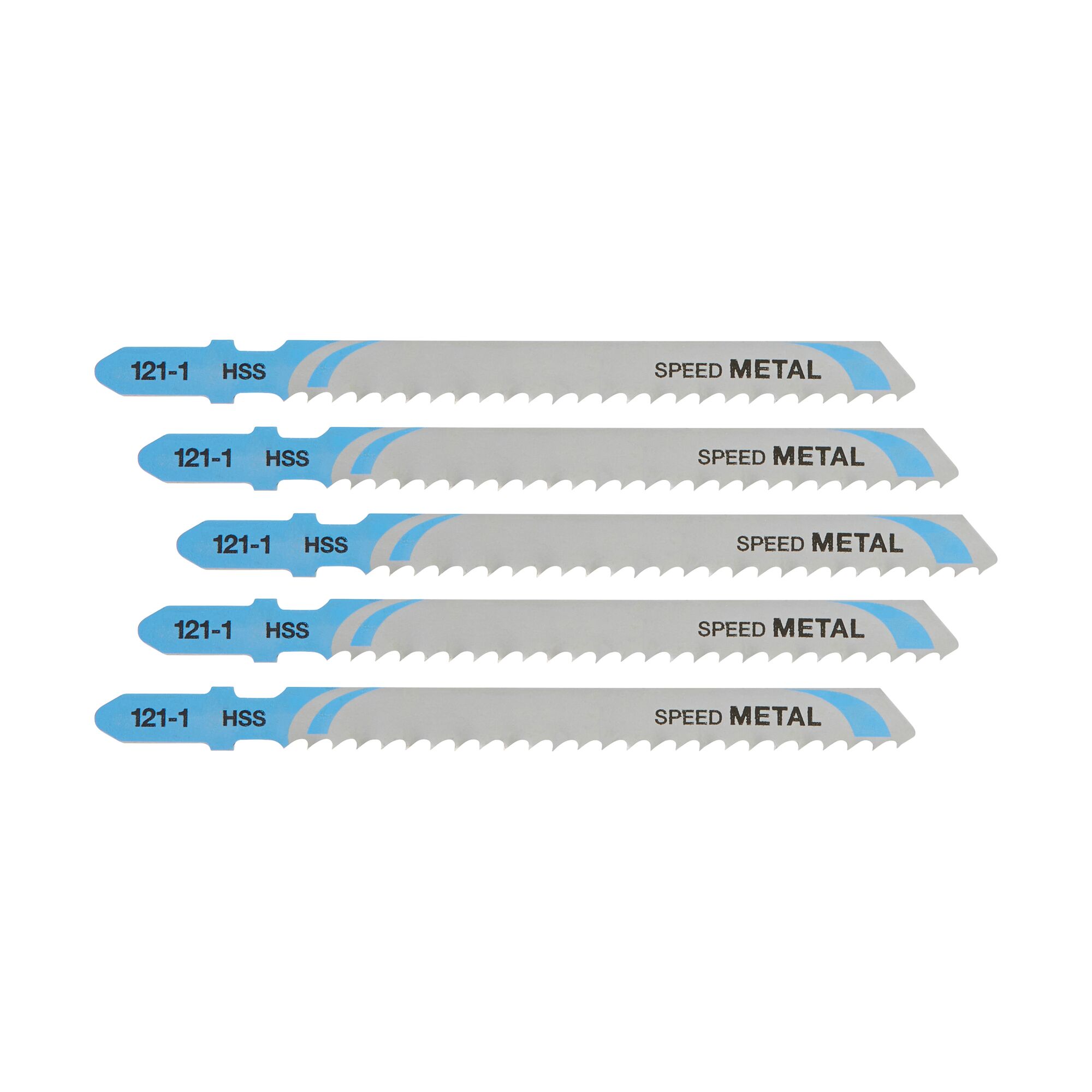 Four DEWALT DT2163 high-speed metal jigsaw blades with blue and grey color, labeled '121-1 HSS' and 'SPEED METAL', displayed horizontally.