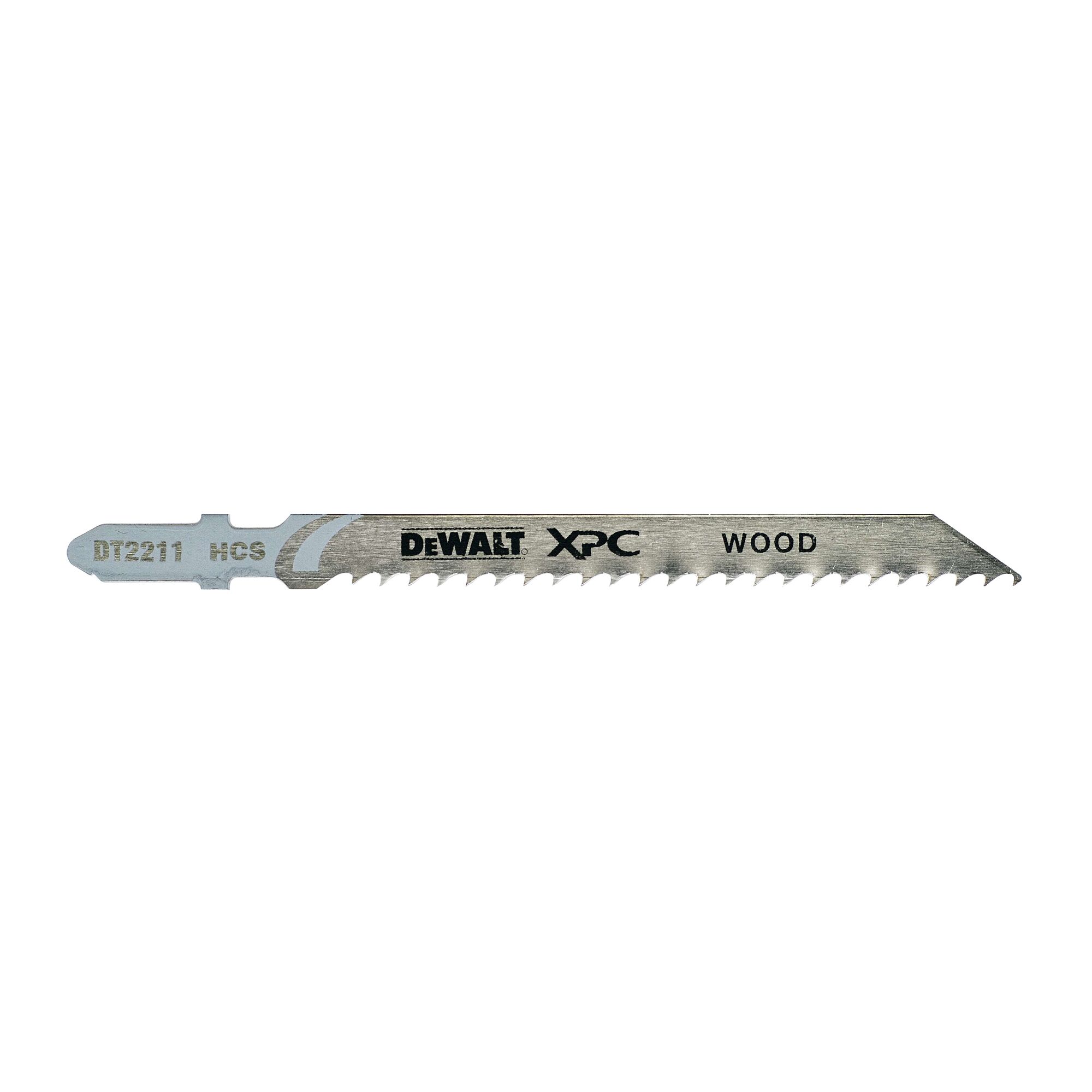 A DEWALT DT2211 XPC woodcutting jigsaw blade with sharp teeth, designed for cutting wood.