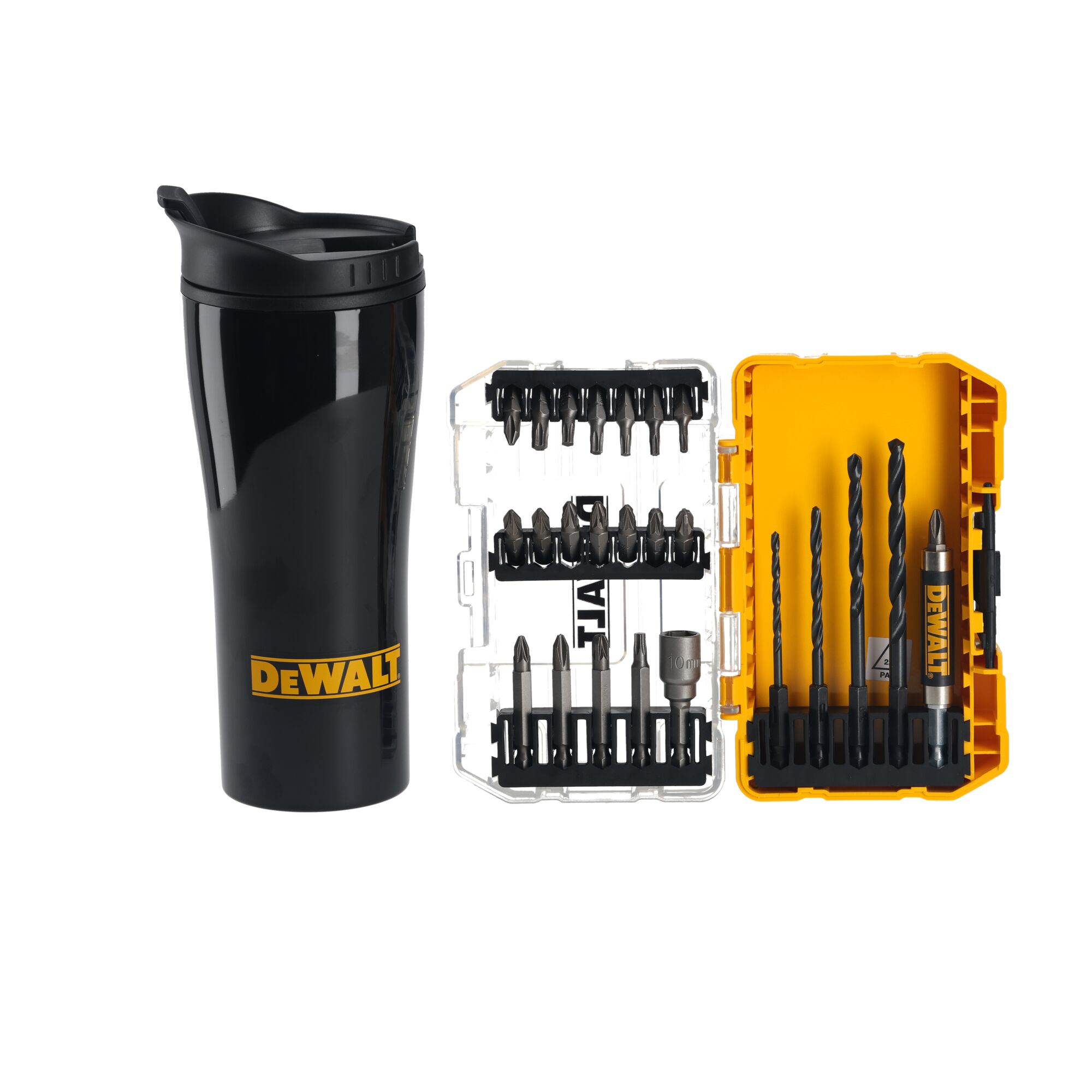 Photo of DEWALT DT70707, DT70707-QZ travel mug and drill bit set, kit open on white background.