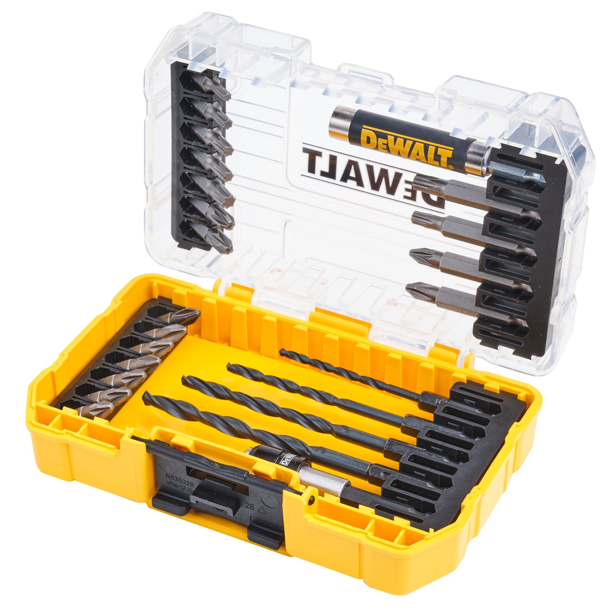 DEWALT drill and bit set in yellow case, SKUs DT70708-QZ, DT70708, photo on white background.
