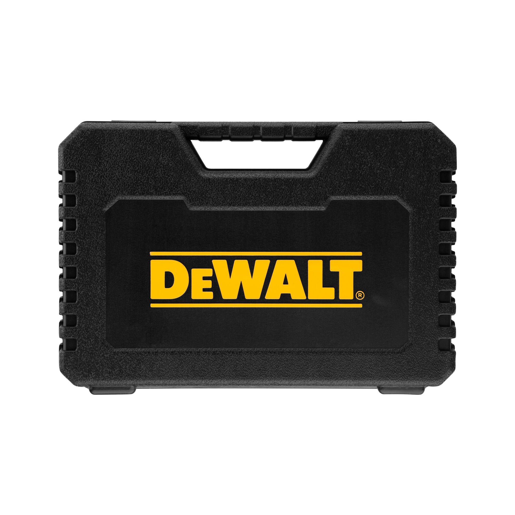 A black hard plastic carrying case with a handle, featuring the DEWALT logo in yellow on the front.