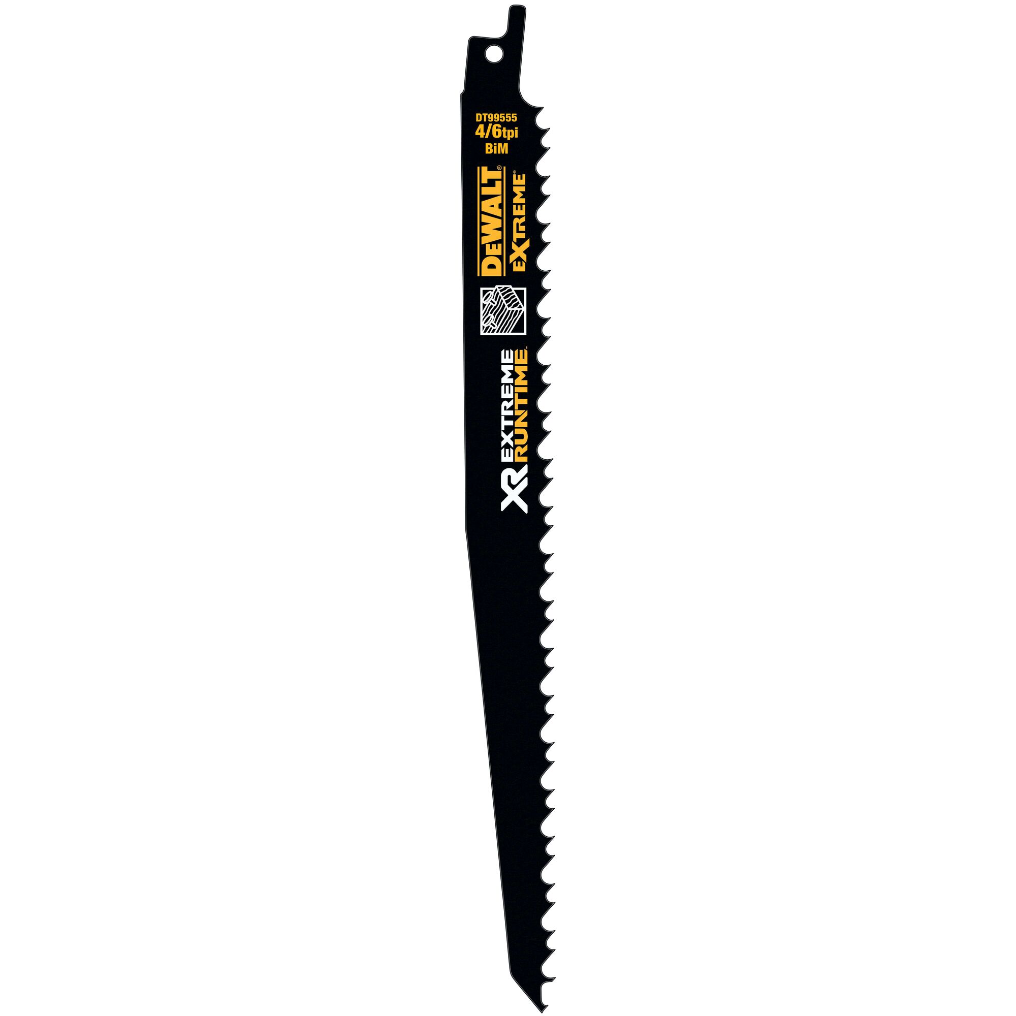 A DEWALT DT99555 Extreme Runtime reciprocating saw blade, black in color, with sharp teeth and product markings in yellow and white.