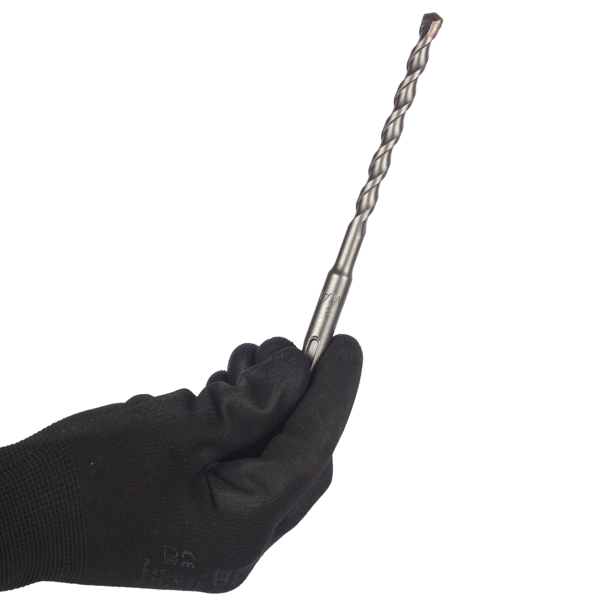 A hand wearing a black glove is holding a metal drill bit with a spiral design against a white background.