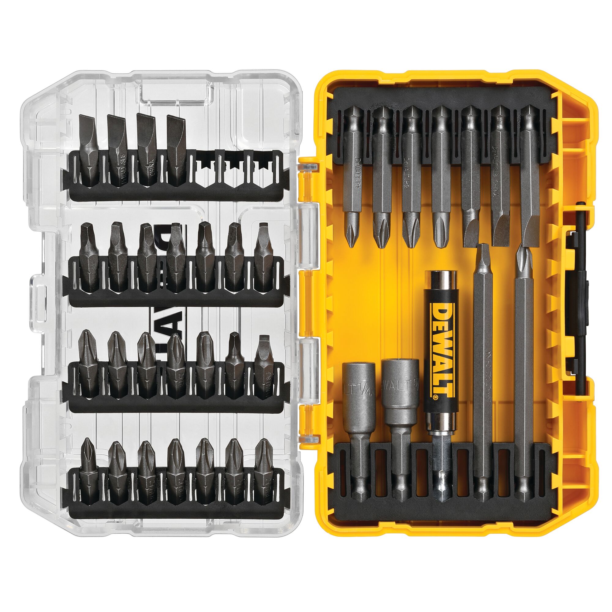 A DEWALT-branded set of screwdriver bits and accessories displayed in an open yellow and clear plastic storage case. The set includes multiple screwdriver bits of various types and sizes, plus adapters and extensions neatly organized inside the case.