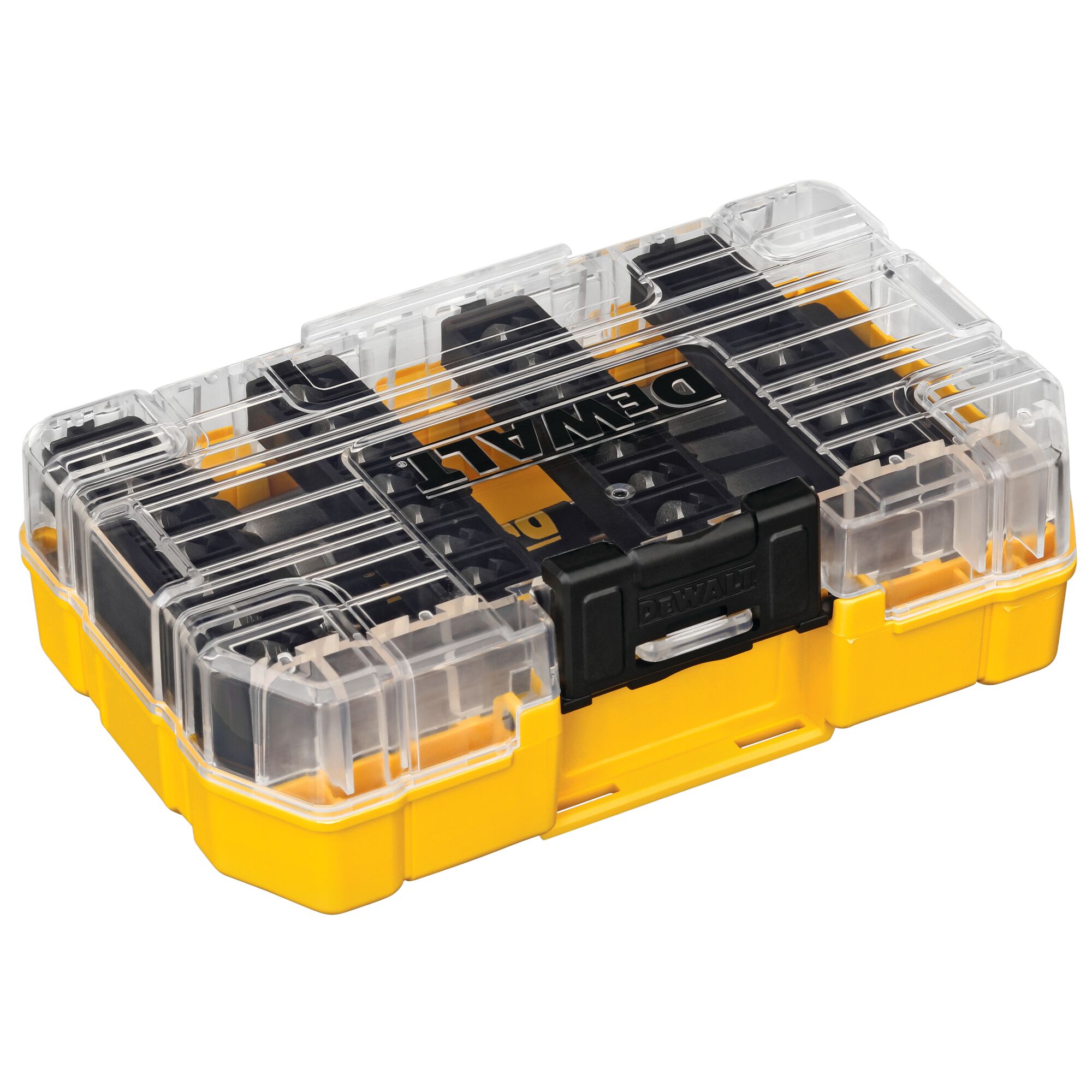A DEWALT yellow and black plastic storage case with a transparent lid, designed for organizing tools or accessories.