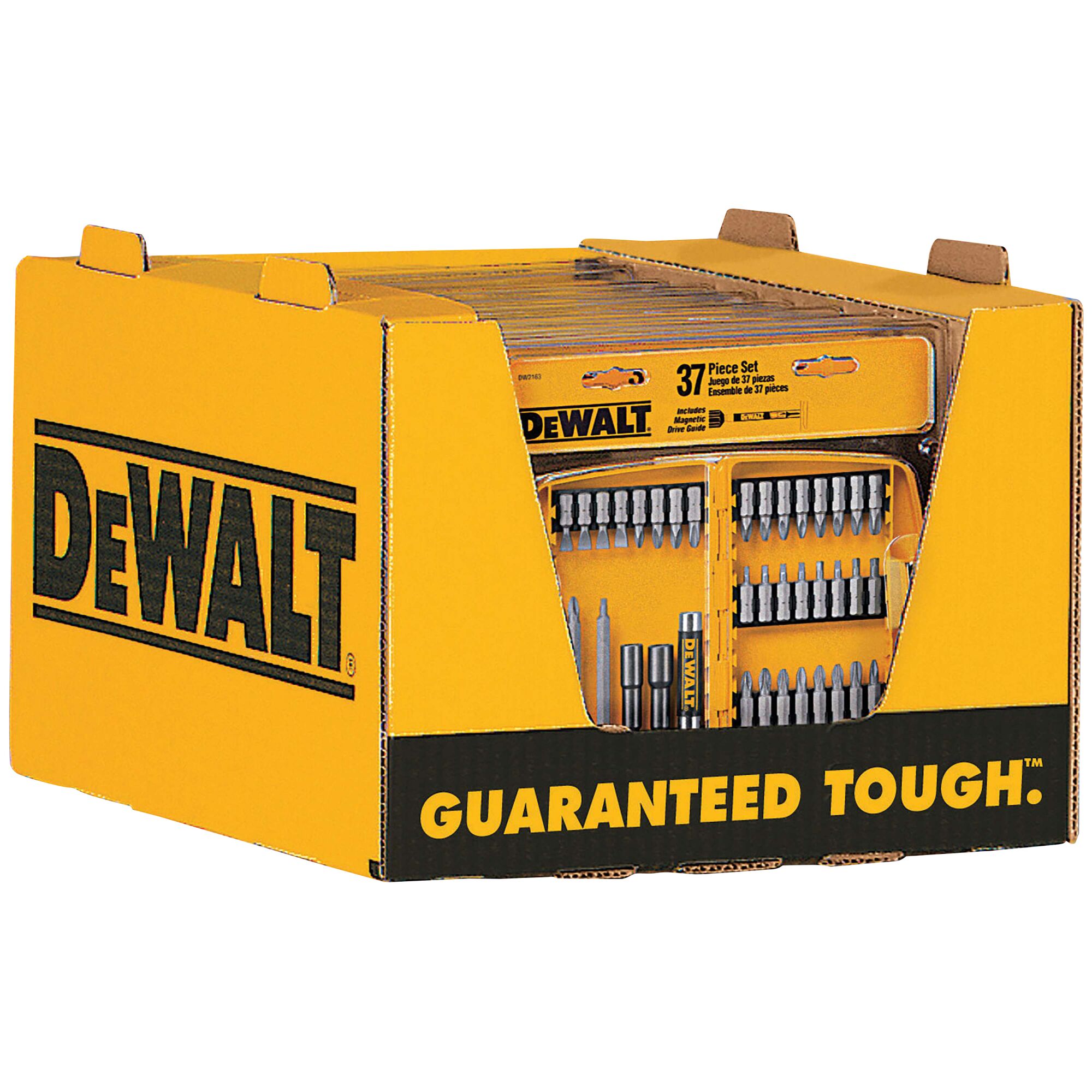 A yellow DEWALT branded display box containing multiple DEWALT 37-piece screwdriver bit sets, visible through the open front. The box features the text 'GUARANTEED TOUGH.' in black lettering.