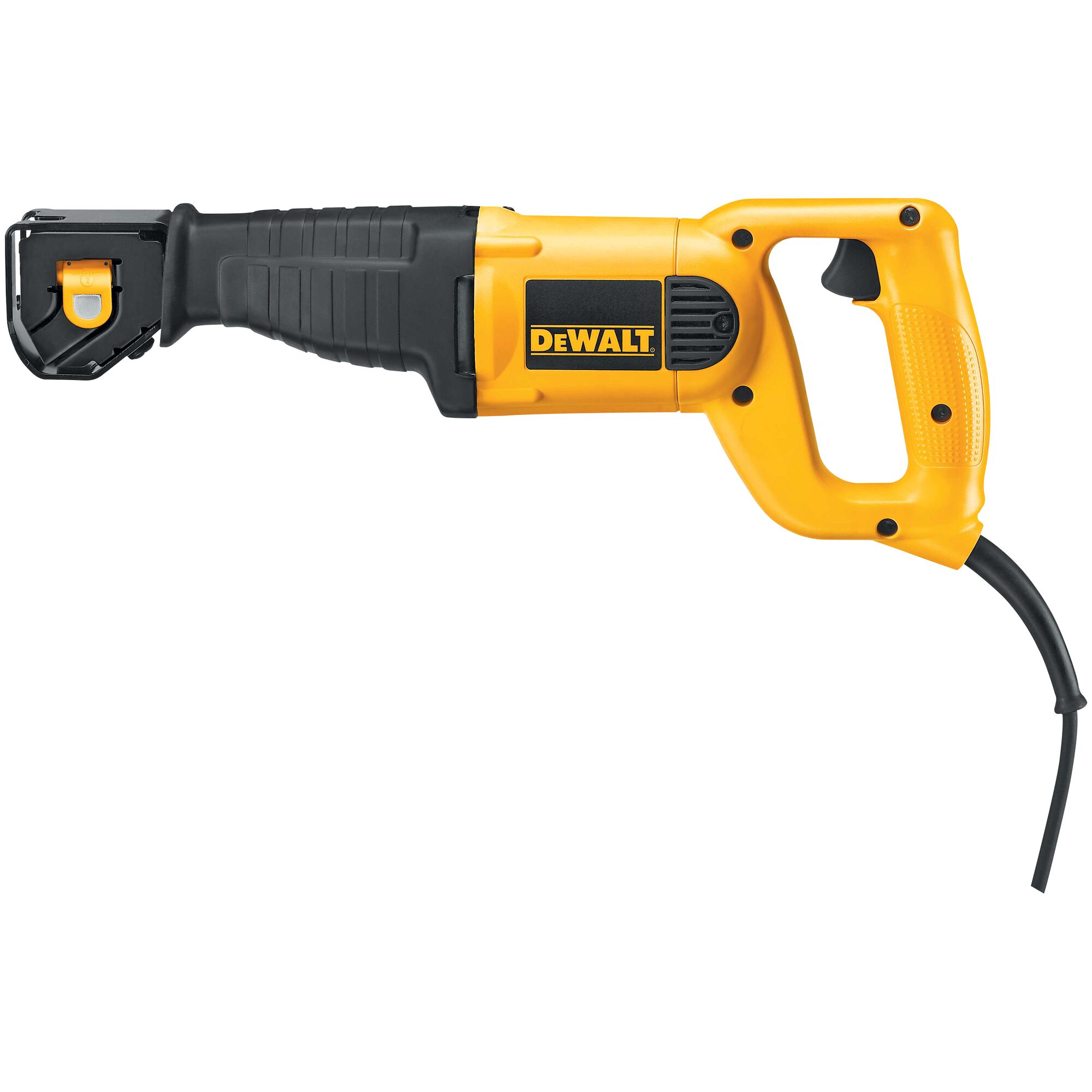 A DEWALT DW304PK reciprocating saw with a yellow and black body, electric cord, and ergonomic handle, shown on a white background.