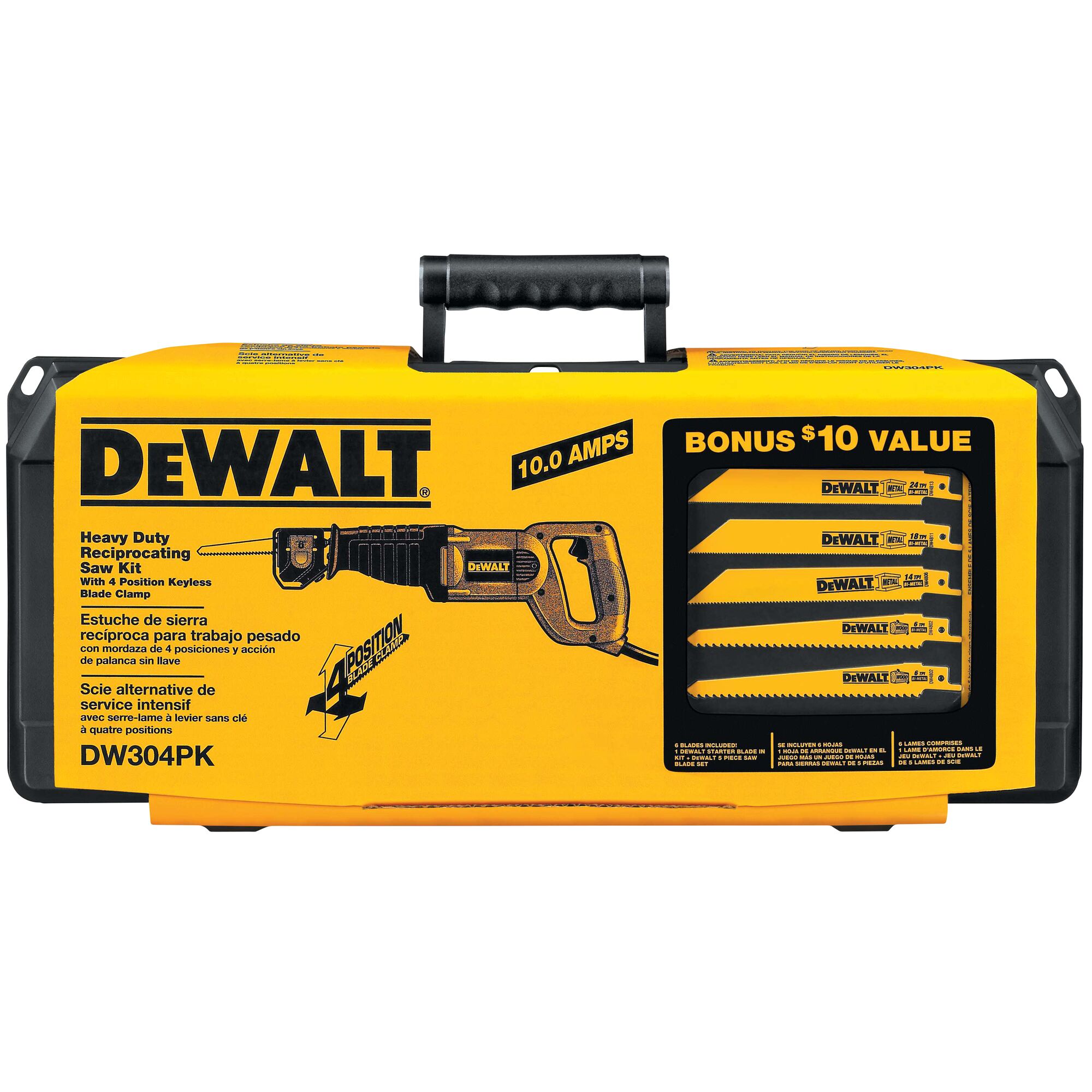 DEWALT DW304PK heavy duty reciprocating saw kit box. The yellow and black case displays an illustration of the reciprocating saw, descriptions in multiple languages, and includes a bonus set of five assorted saw blades visible through a clear window.