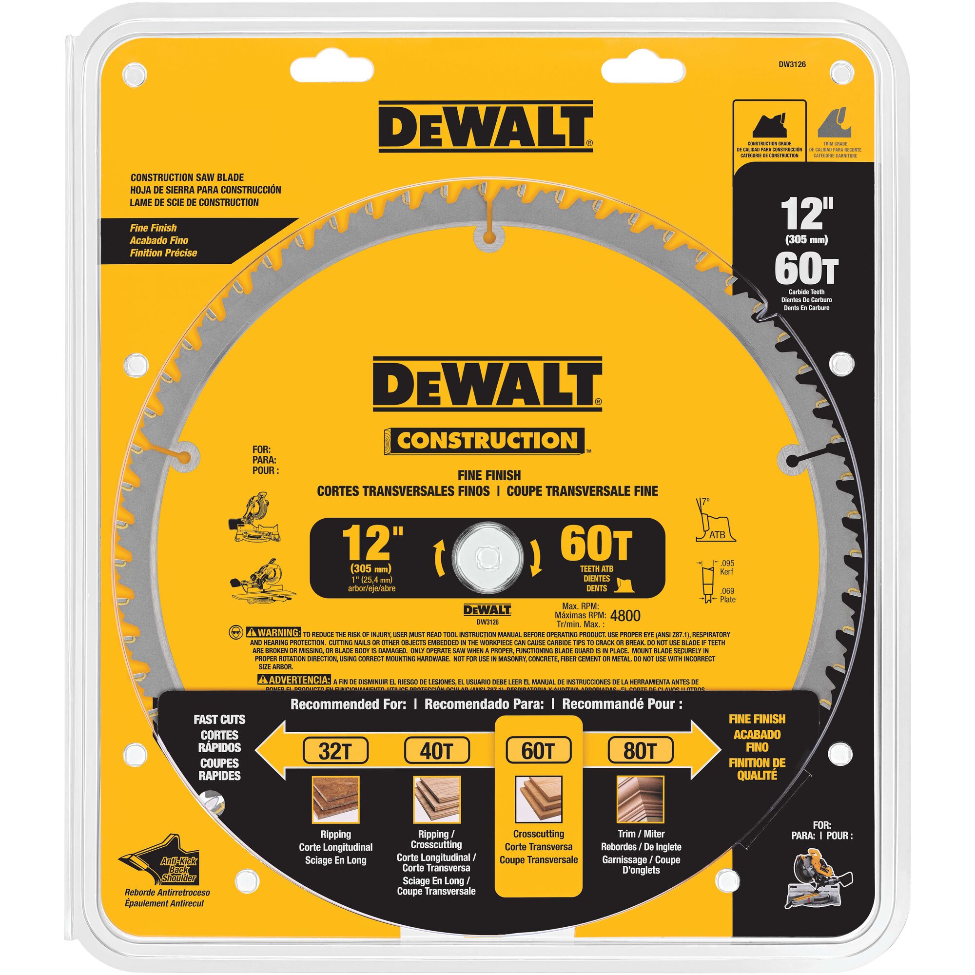 DEWALT Construction saw blade in packaging, 12 inch (305 mm) diameter with 60 teeth, suitable for fine finish crosscutting. The packaging is yellow with black text and includes detailed specifications, recommended uses, and visual icons.