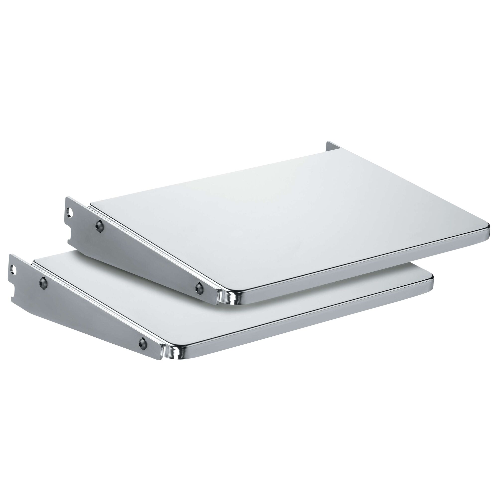 Photo of two silver metal DEWALT shelves, wall-mountable, side angle, SKU DW7351, photography category.