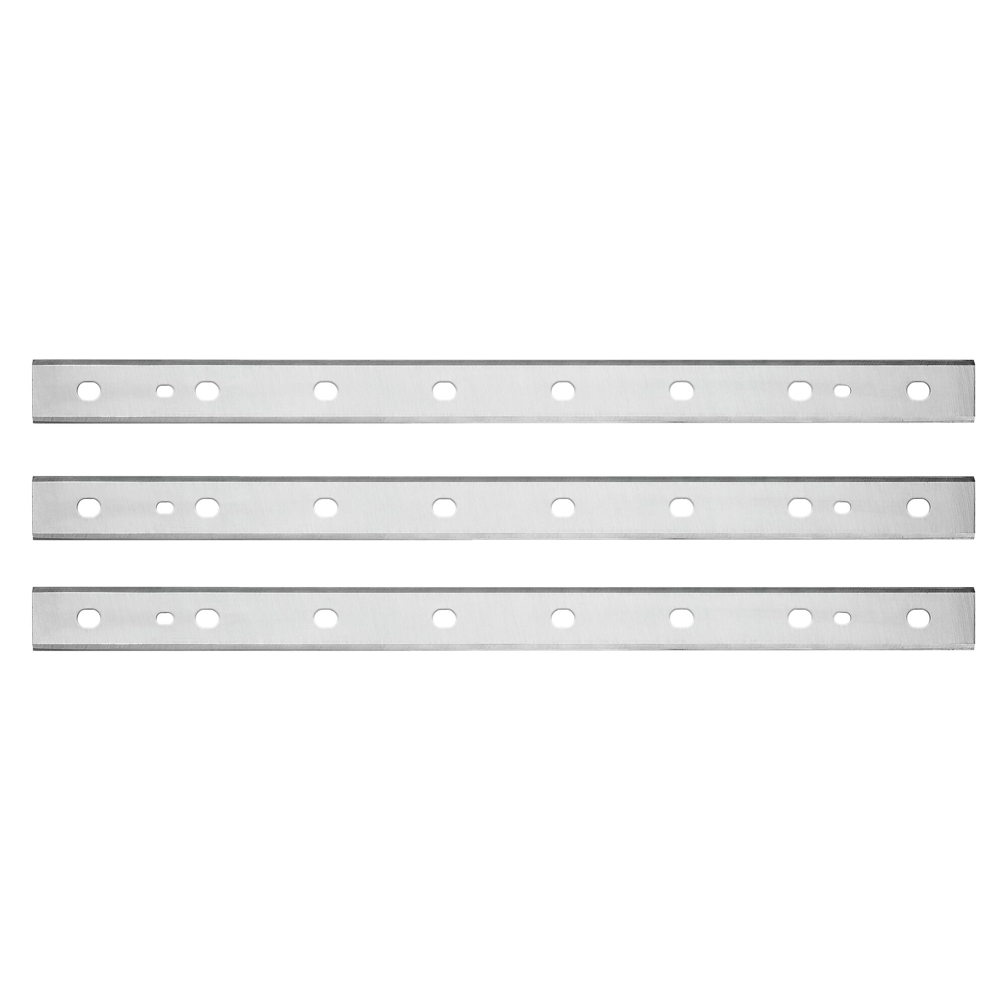 DEWALT planer knives DW7352, DW7352-2, set of three silver blades with holes, top view, white background.