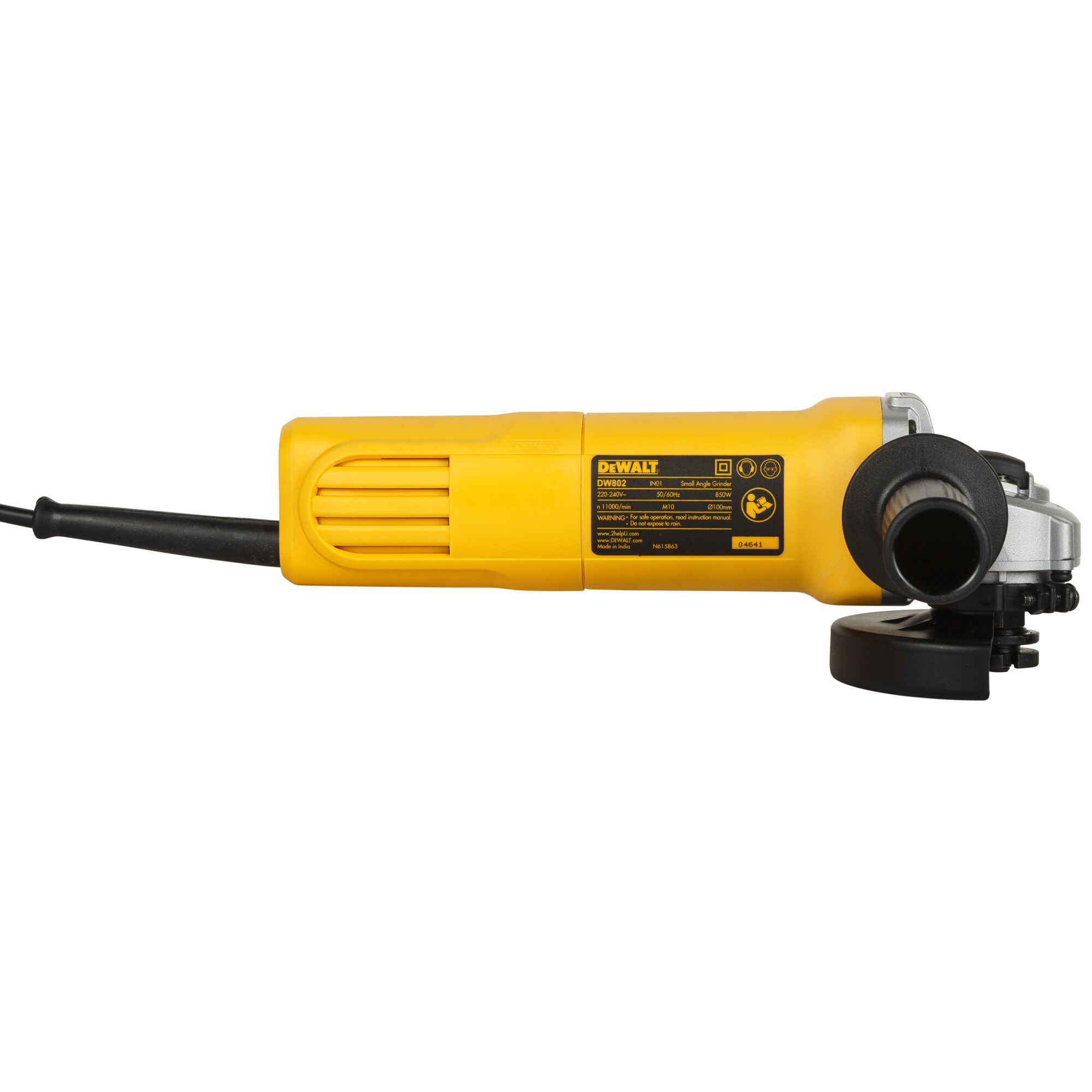 A yellow DEWALT DW802 angle grinder with a side handle and visible product label, photographed on a white background.
