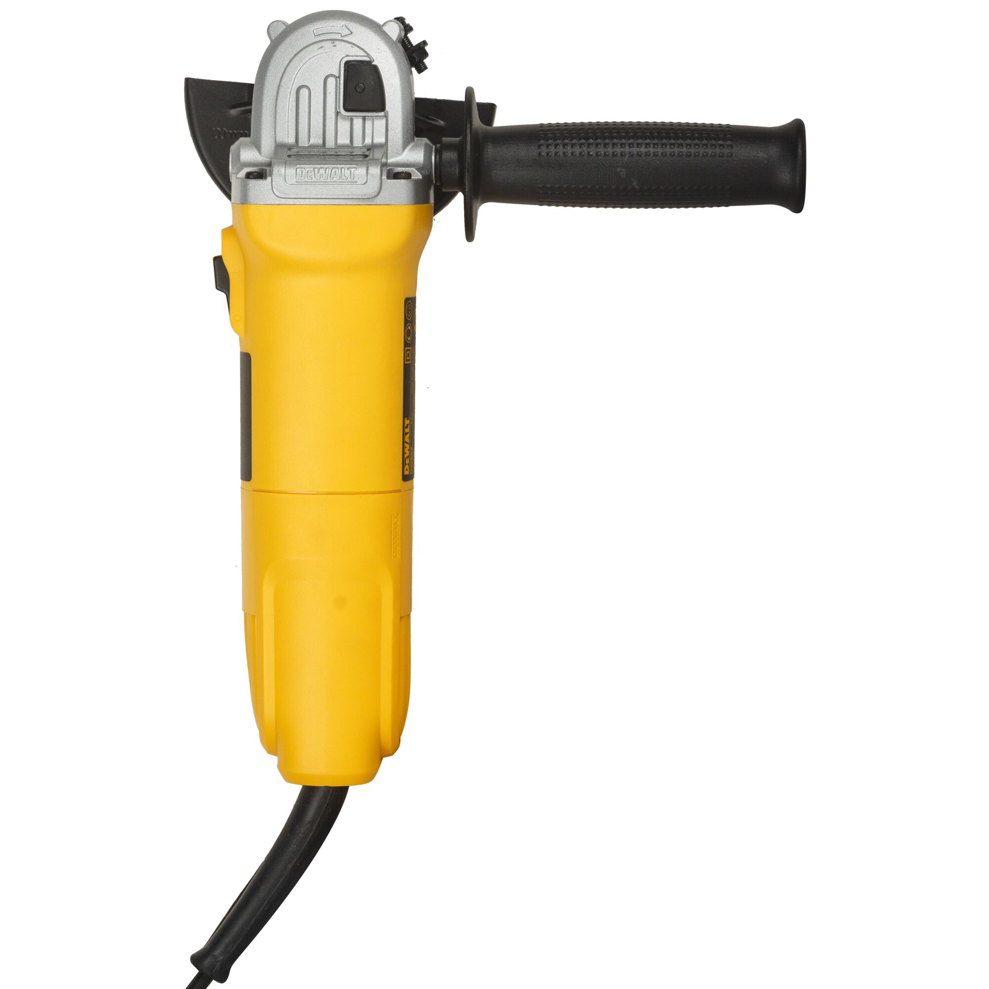 A DEWALT DW802 yellow and black angle grinder with a side handle, viewed from above, showing the electric cord and metal grinding head.