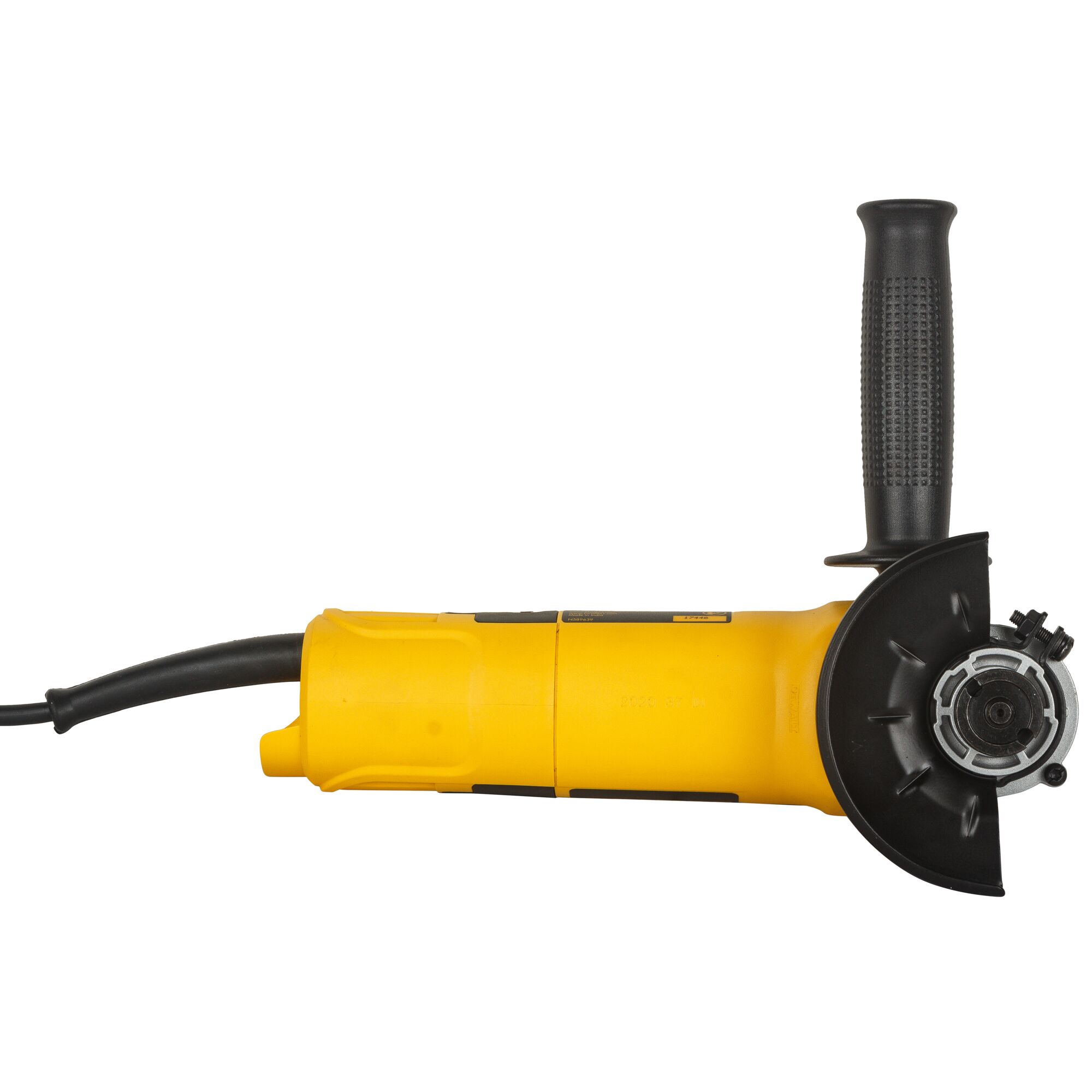A yellow and black electric angle grinder with a side handle, shown from the side on a white background.