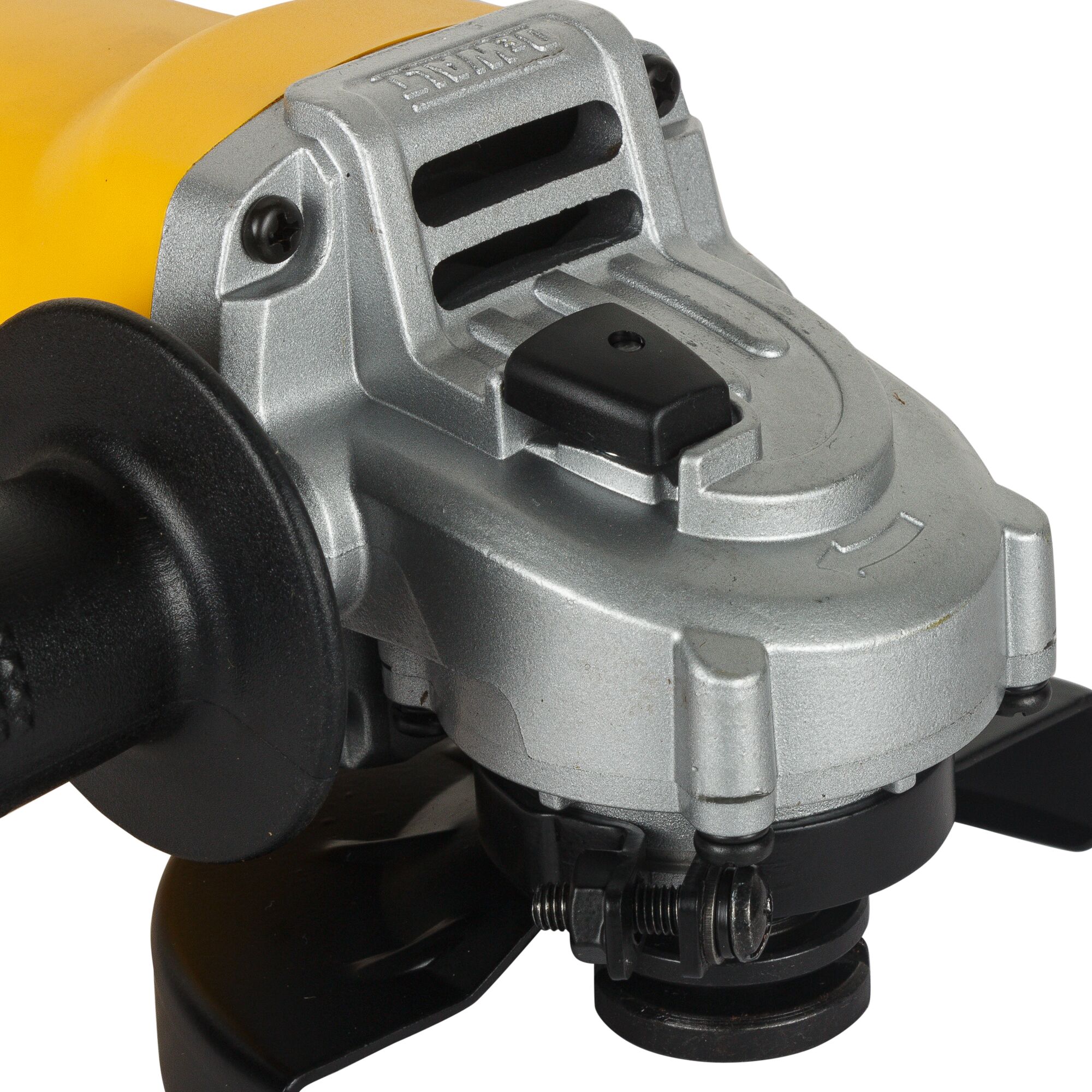 Close-up view of a DEWALT DW803 angle grinder. The product features a metallic silver body with black and yellow accents, and visible control switches and attachments.