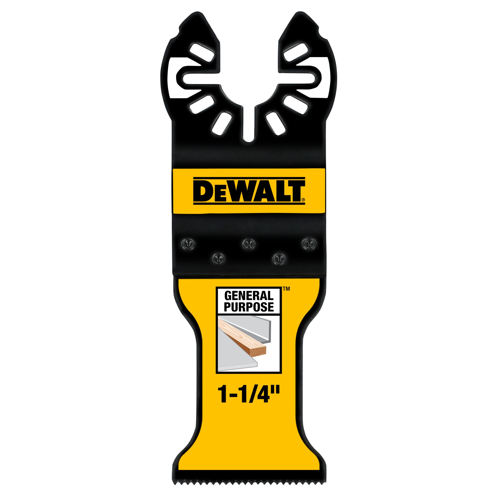 A DEWALT branded general purpose oscillating tool blade, showing a black and yellow design with the DEWALT logo, labelled as 1-1/4 inch.