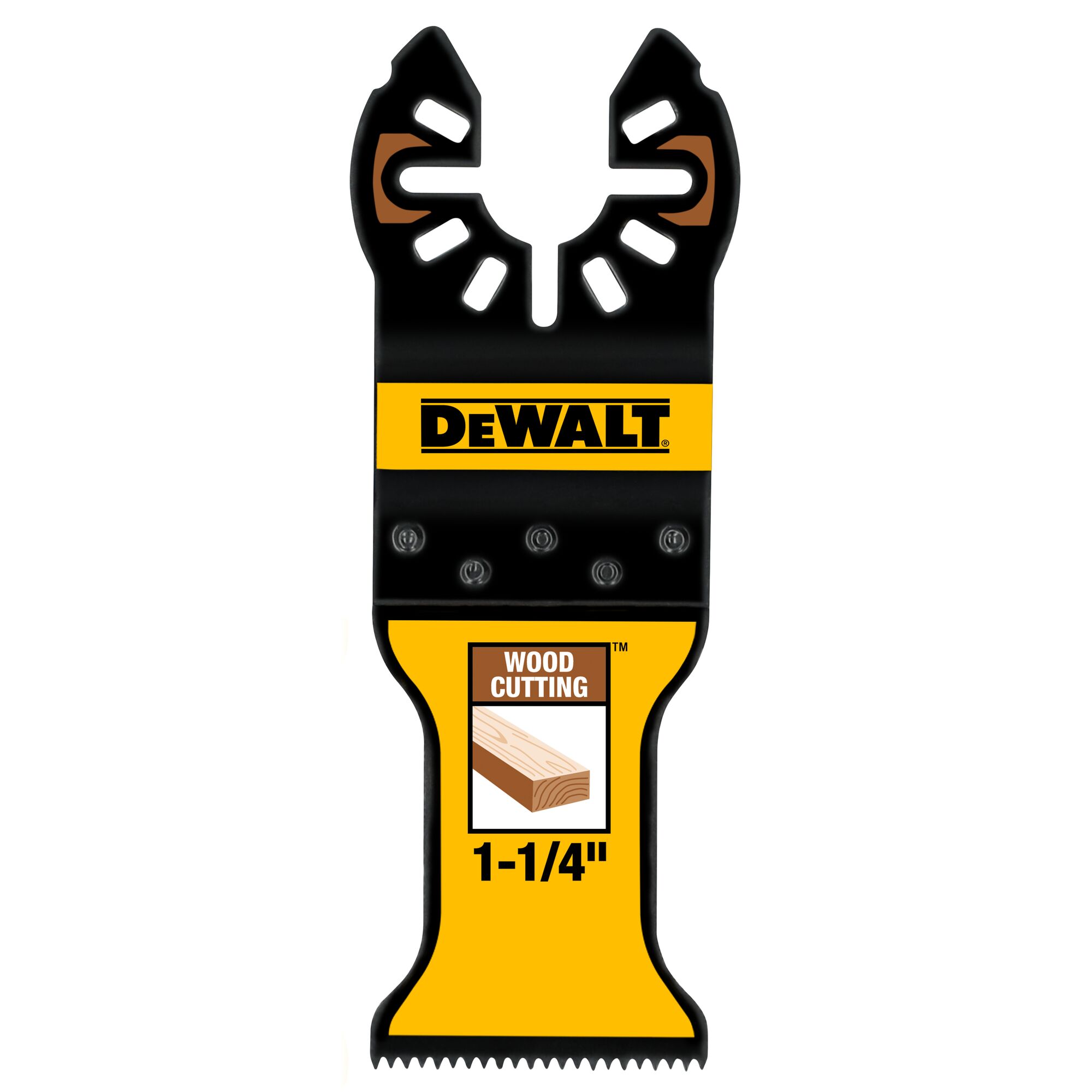 A DEWALT branded oscillating tool blade for wood cutting, featuring a black and yellow design. The blade is labeled for wood cutting and indicates a width of 1-1/4 inches.