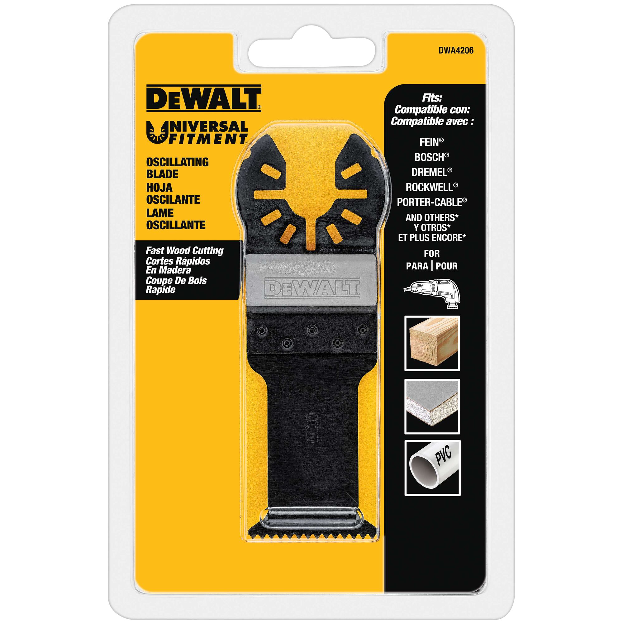 DEWALT DWA4206 oscillating blade in retail packaging, featuring universal fitment for fast wood cutting, compatible with multiple tool brands. Illustrated uses include wood, drywall, and PVC cutting.