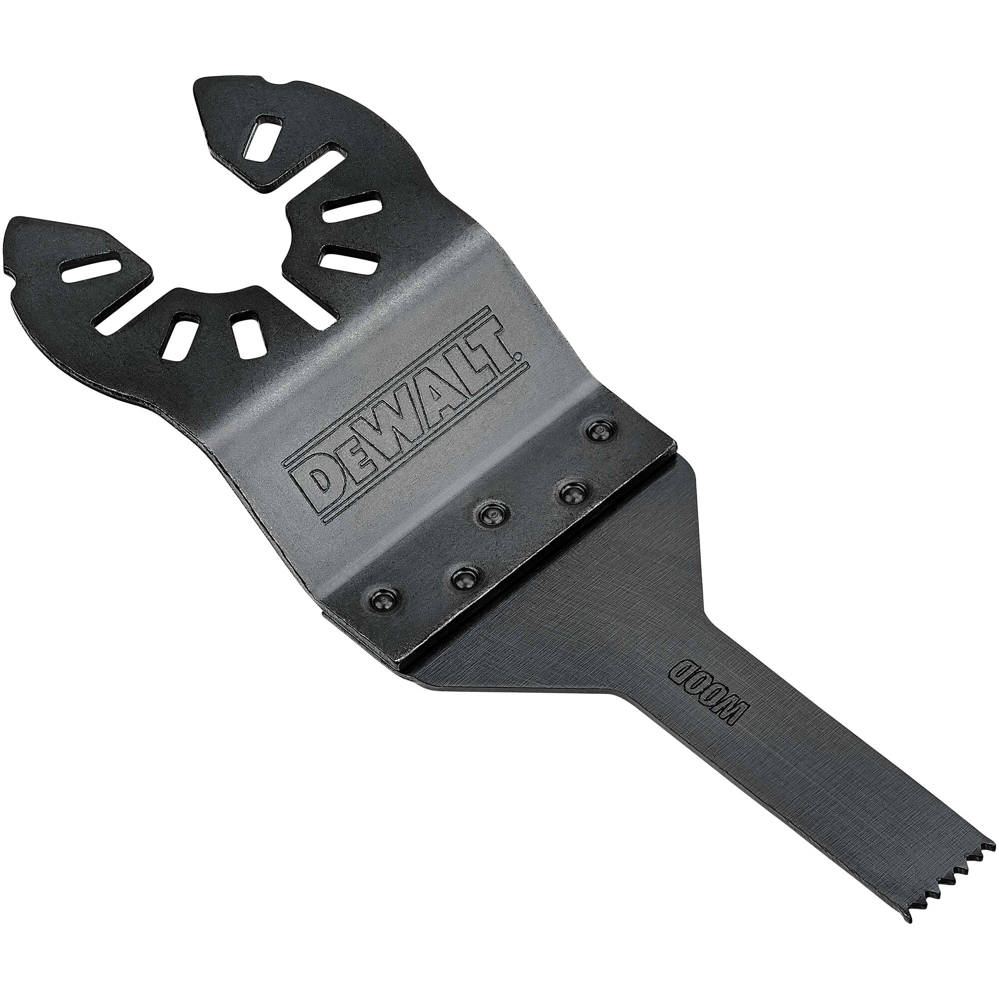 A close-up image of a DEWALT DWA4208 oscillating tool blade designed for wood cutting. The blade features a black metallic finish and the DEWALT logo engraved on its upper part.