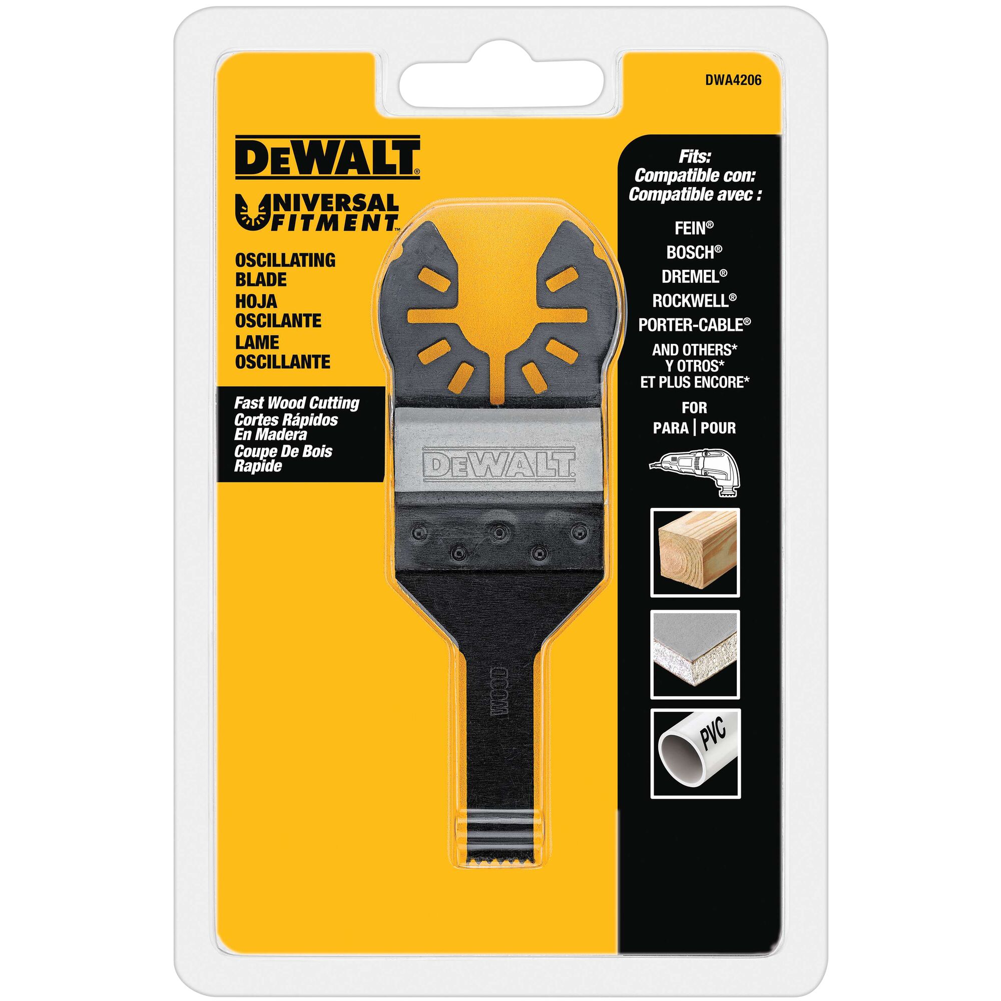 Packaged DEWALT oscillating blade, universal fitment, suitable for fast wood cutting, compatible with several tool brands. The packaging features product details in multiple languages and images illustrating use with wood, drywall, and PVC.