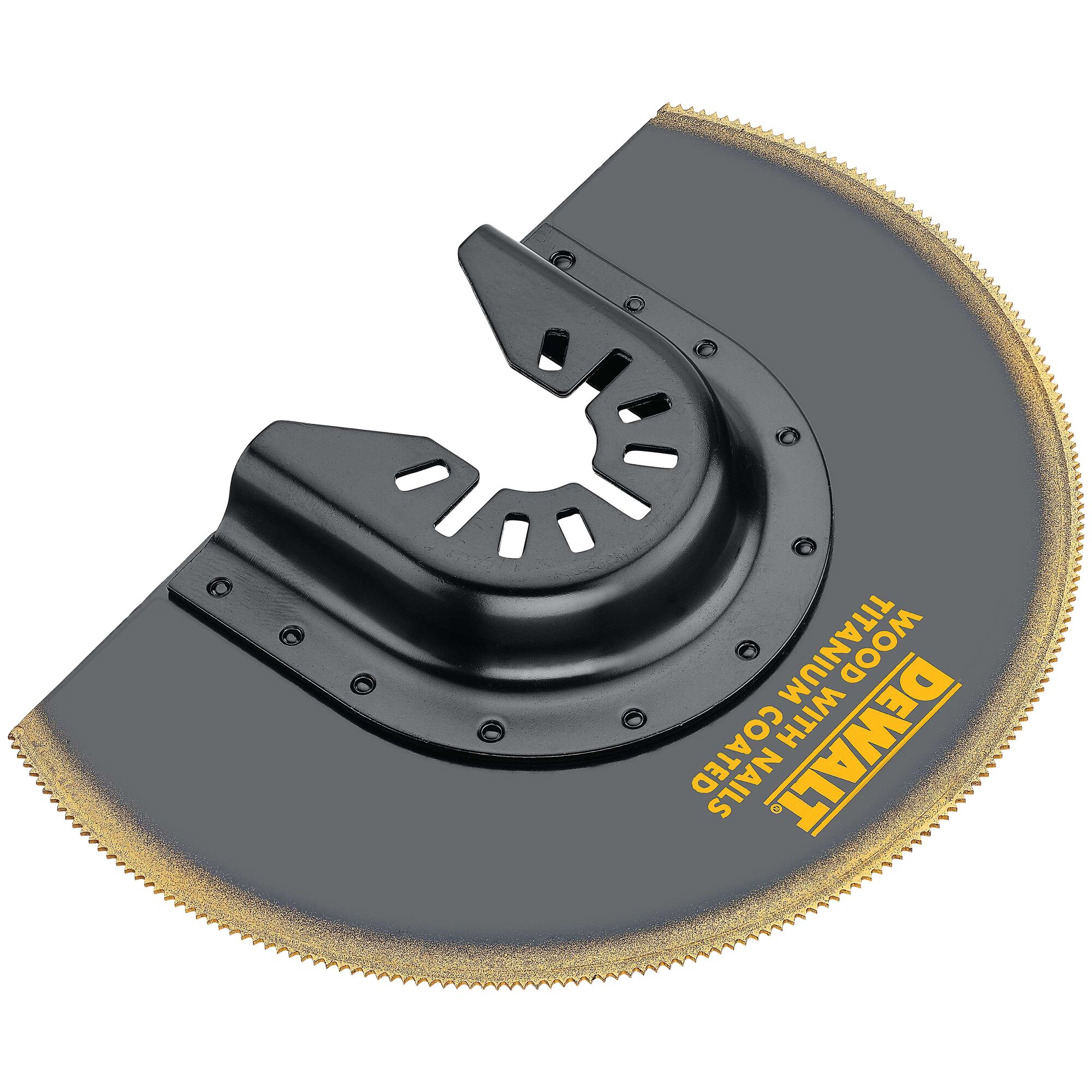 A DEWALT wood and nail titanium-coated oscillating multi-tool blade, semicircular in shape, designed for cutting wood and nails.