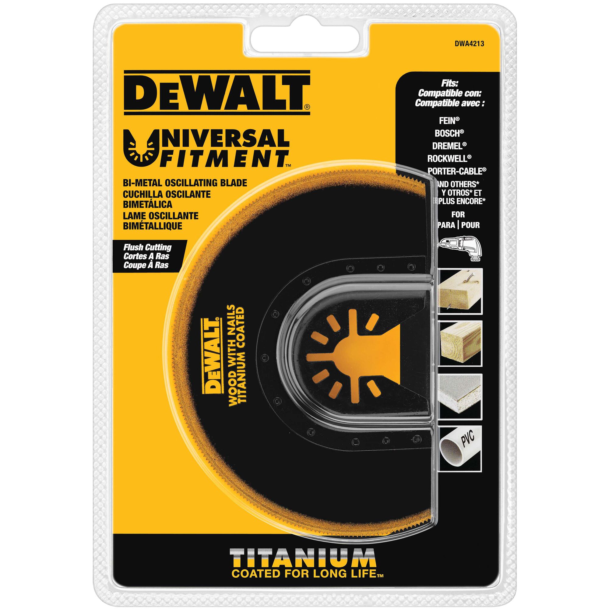 Packaging of a DEWALT bi-metal oscillating blade (model DWA4213) with universal fitment, designed for flush cutting wood with nails, plastic, and PVC. The blade is titanium-coated for long life and compatible with multiple tool brands.