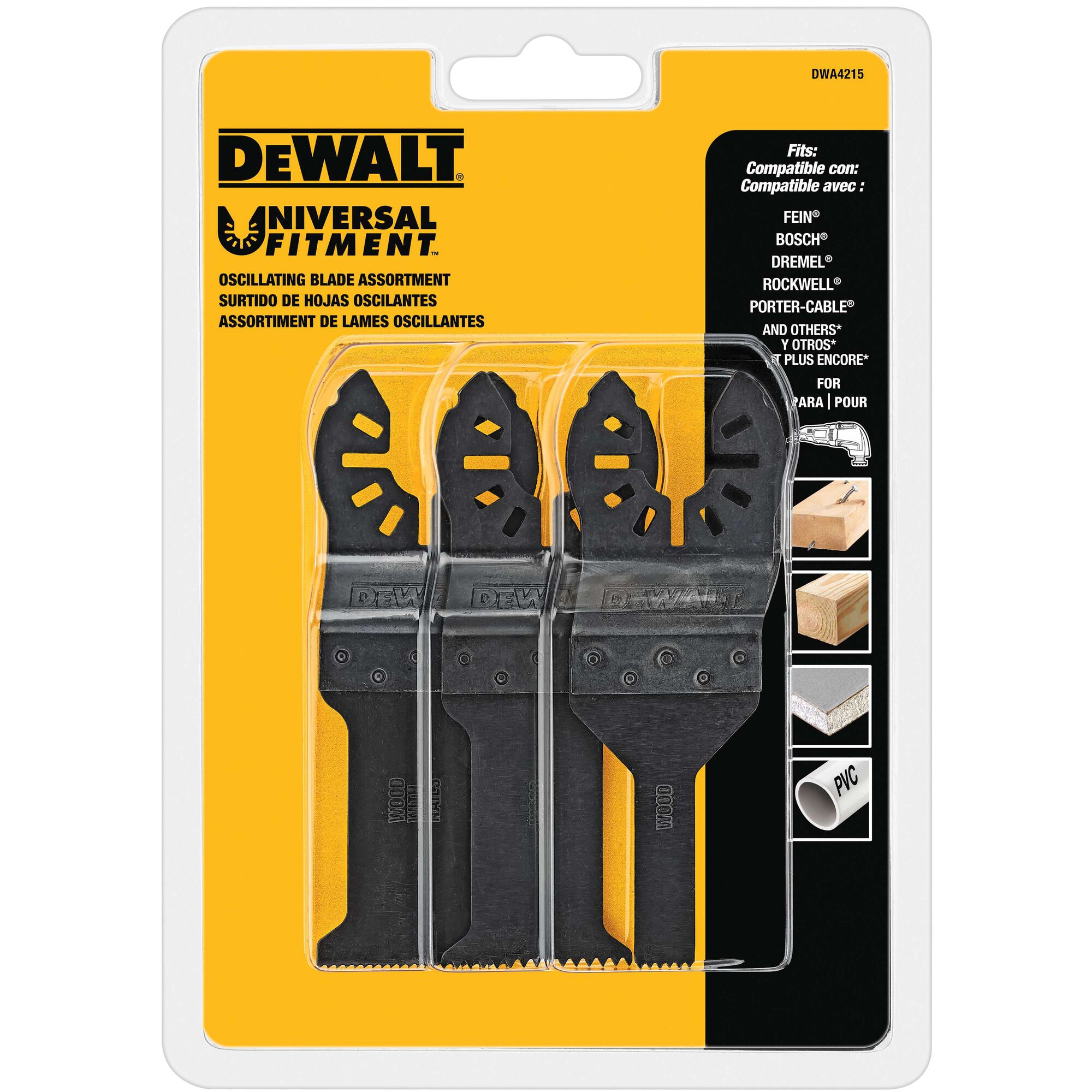 DEWALT Universal Fitment oscillating blade assortment in retail packaging, showing three multi-tool blades designed for cutting wood, drywall, and PVC. Package displays compatibility with several tool brands such as Bosch, Dremel, Rockwell, and more.