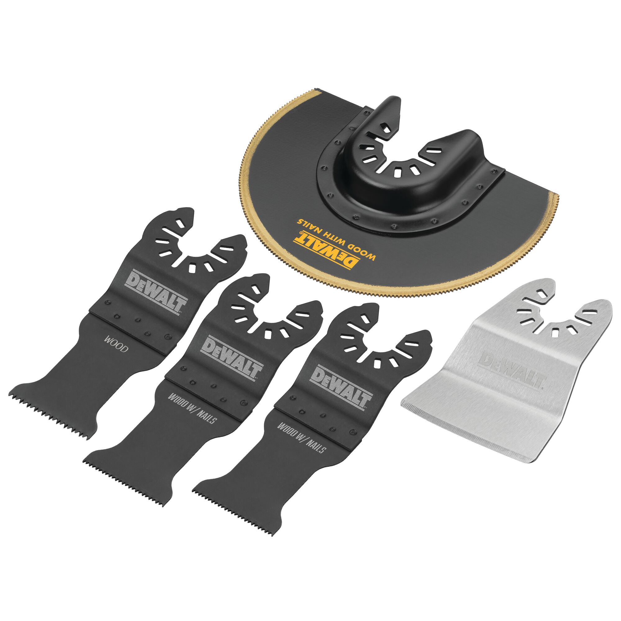 A DEWALT multi-tool accessory set containing five attachments, including three black cutting blades with the DEWALT logo, one half-moon saw blade labeled 'WOOD WITH NAILS', and one silver scraping blade.