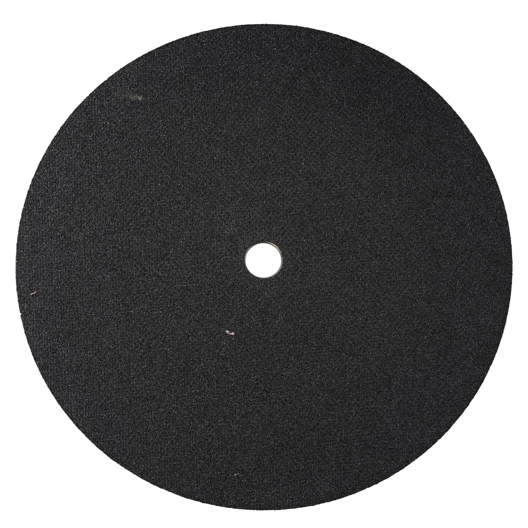 A close-up image of a round, black abrasive cutting disc with a central hole, typically used for cutting metal or other hard materials.