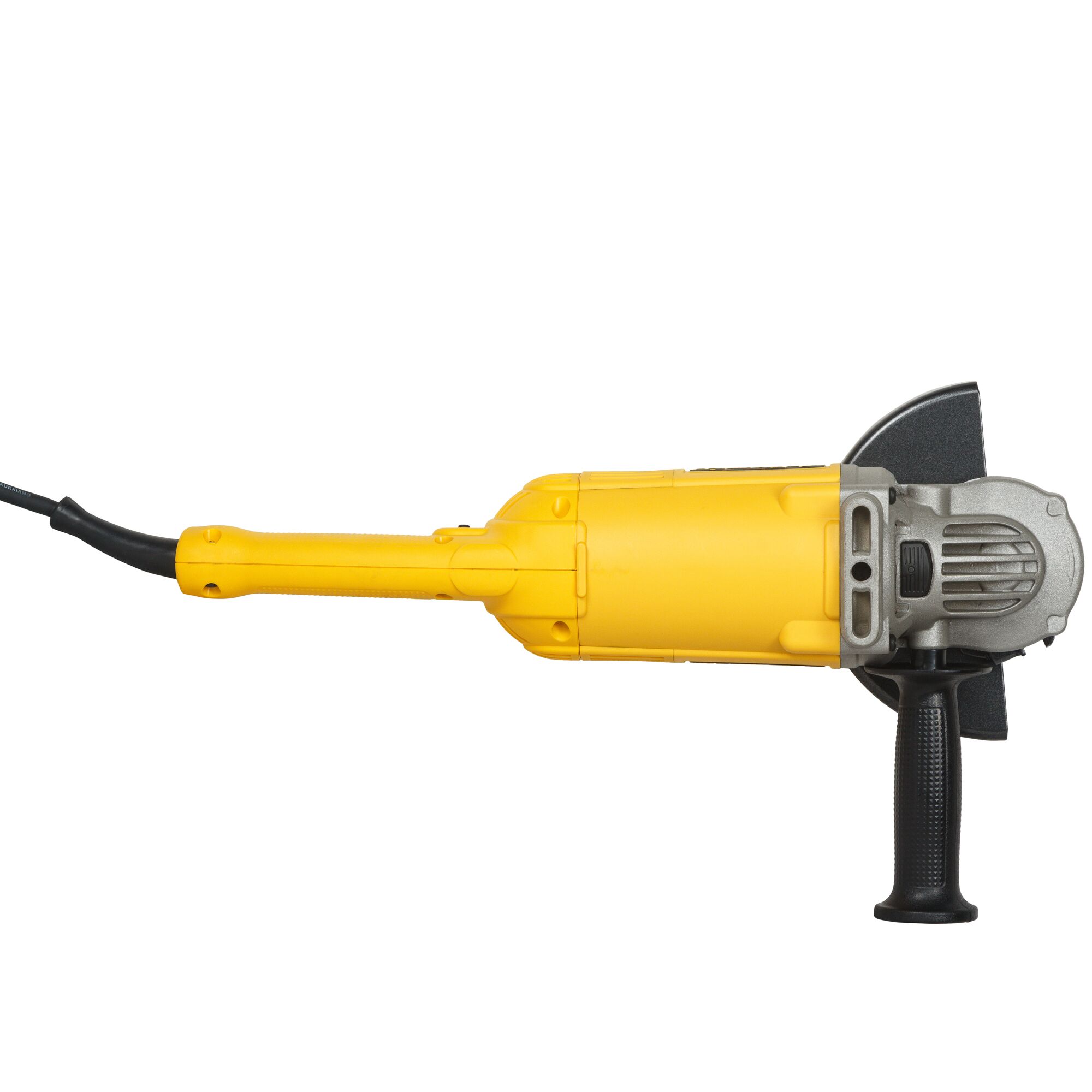 A DEWALT DWE497 yellow and black angle grinder power tool, shown in a side view against a white background.