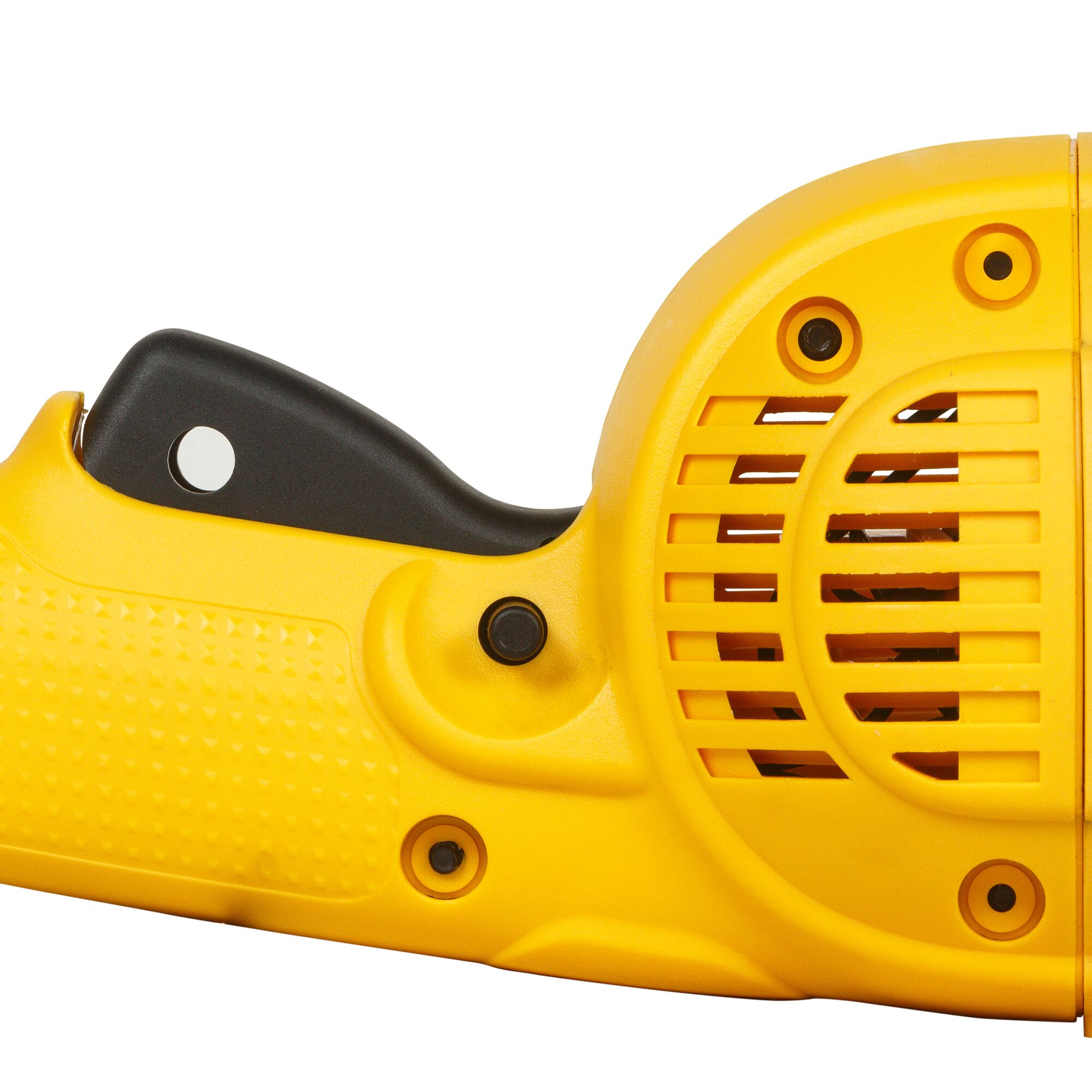Close-up of the yellow handle and vented casing of a DEWALT power tool, showing a black trigger and textured grip.