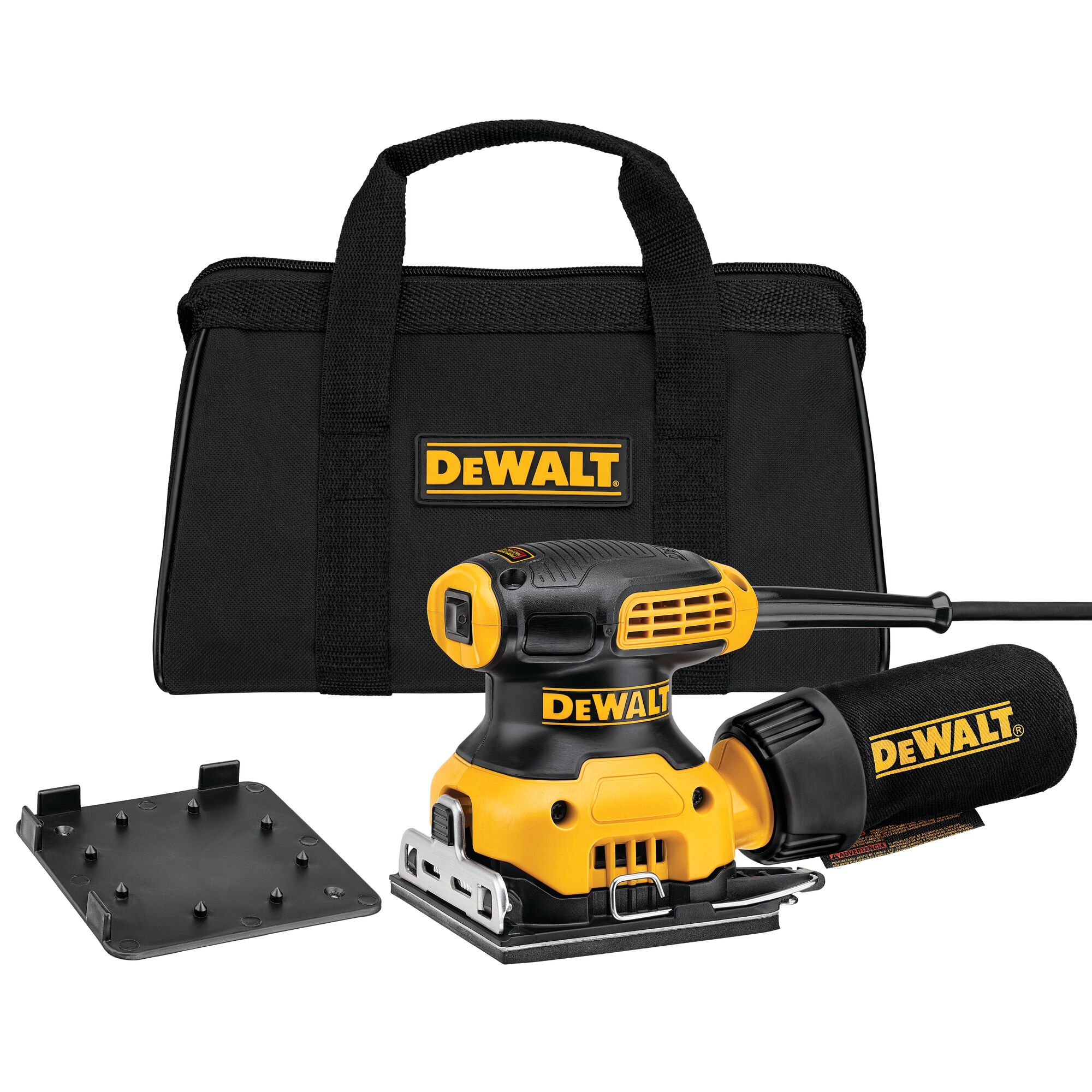 A DEWALT electric sander kit. The image shows a yellow and black DEWALT sander with a dust collection bag, a sanding plate, and a black carrying bag with the DEWALT logo displayed.