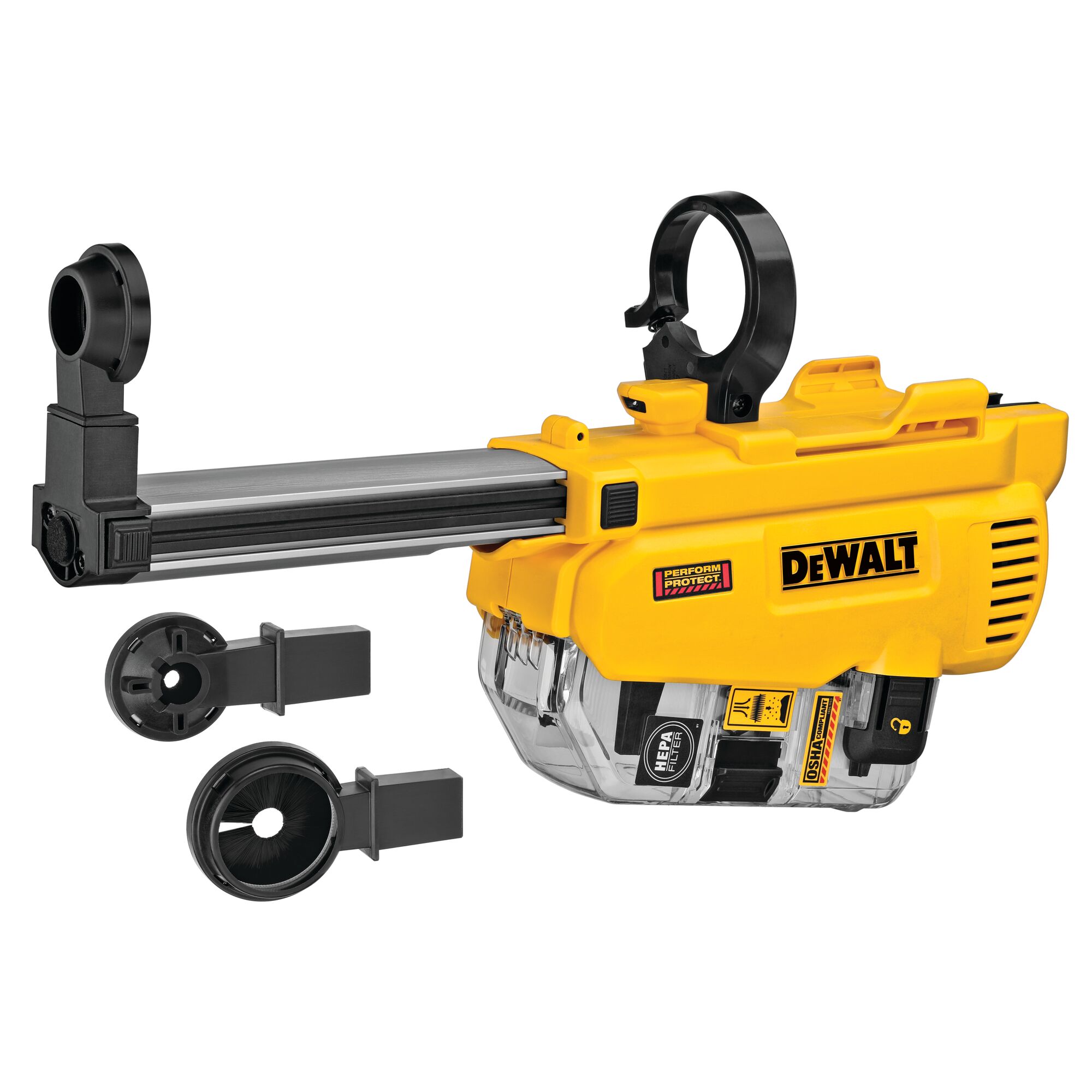 DEWALT DWH205DH yellow and black universal dust extractor for rotary hammers, shown with attachments and a transparent dust collection box.
