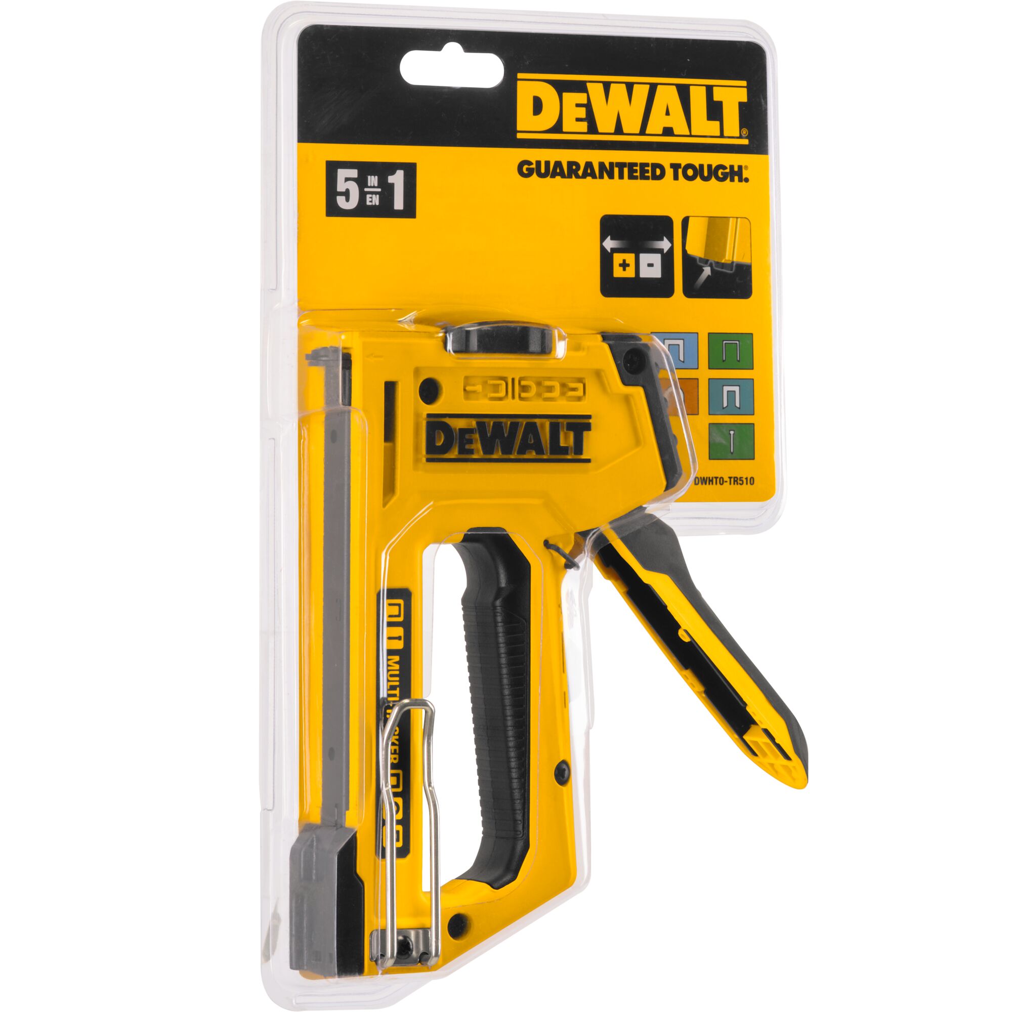 DEWALT 5-in-1 staple and brad nail gun in yellow and black, model DWHT0-TR510, shown in its retail packaging.