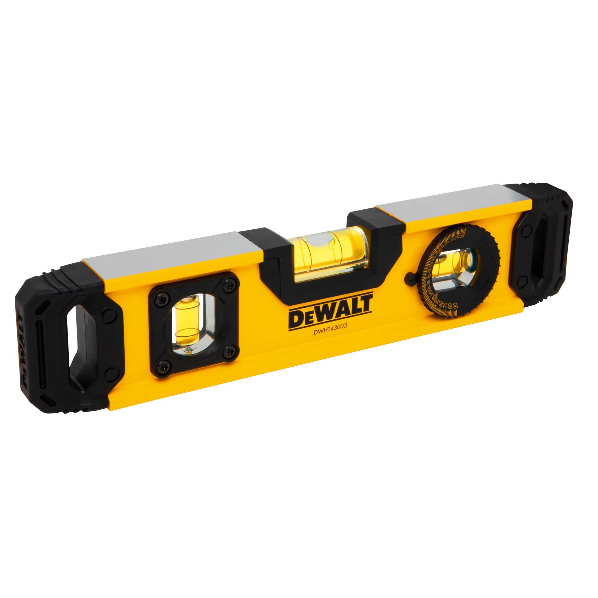 A yellow DEWALT DWHT43003 spirit level with black and silver accents, featuring three vials for measuring horizontal and vertical alignment, and a rotating dial for angle measurement. The tool is designed for precision tasks in construction and carpentry.