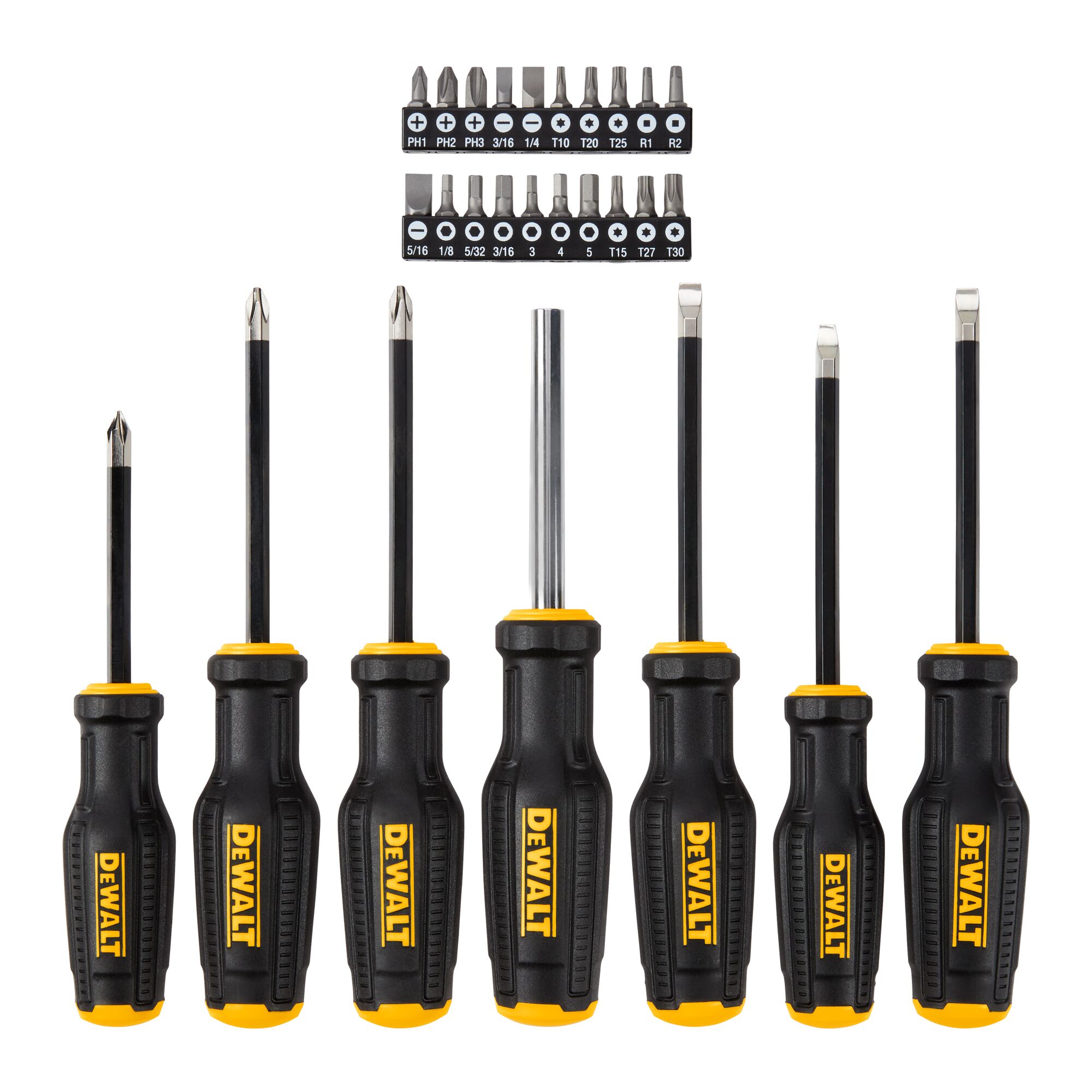 A set of DEWALT screwdrivers with black and yellow handles, displayed in a row. Above the screwdrivers, there are two black racks containing a variety of interchangeable screwdriver bits with labeled sizes and types.