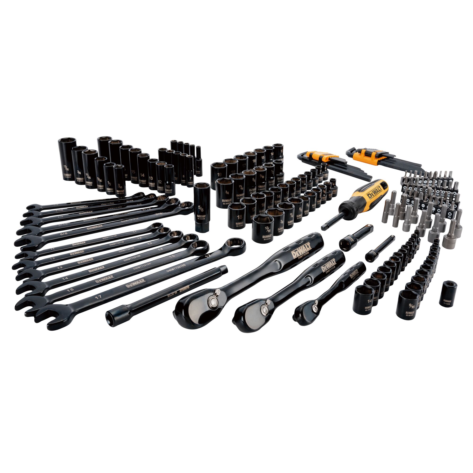 A DEWALT mechanics tool set with various wrenches, ratchets, sockets, screwdrivers, hex keys, and bits arranged on a white background.