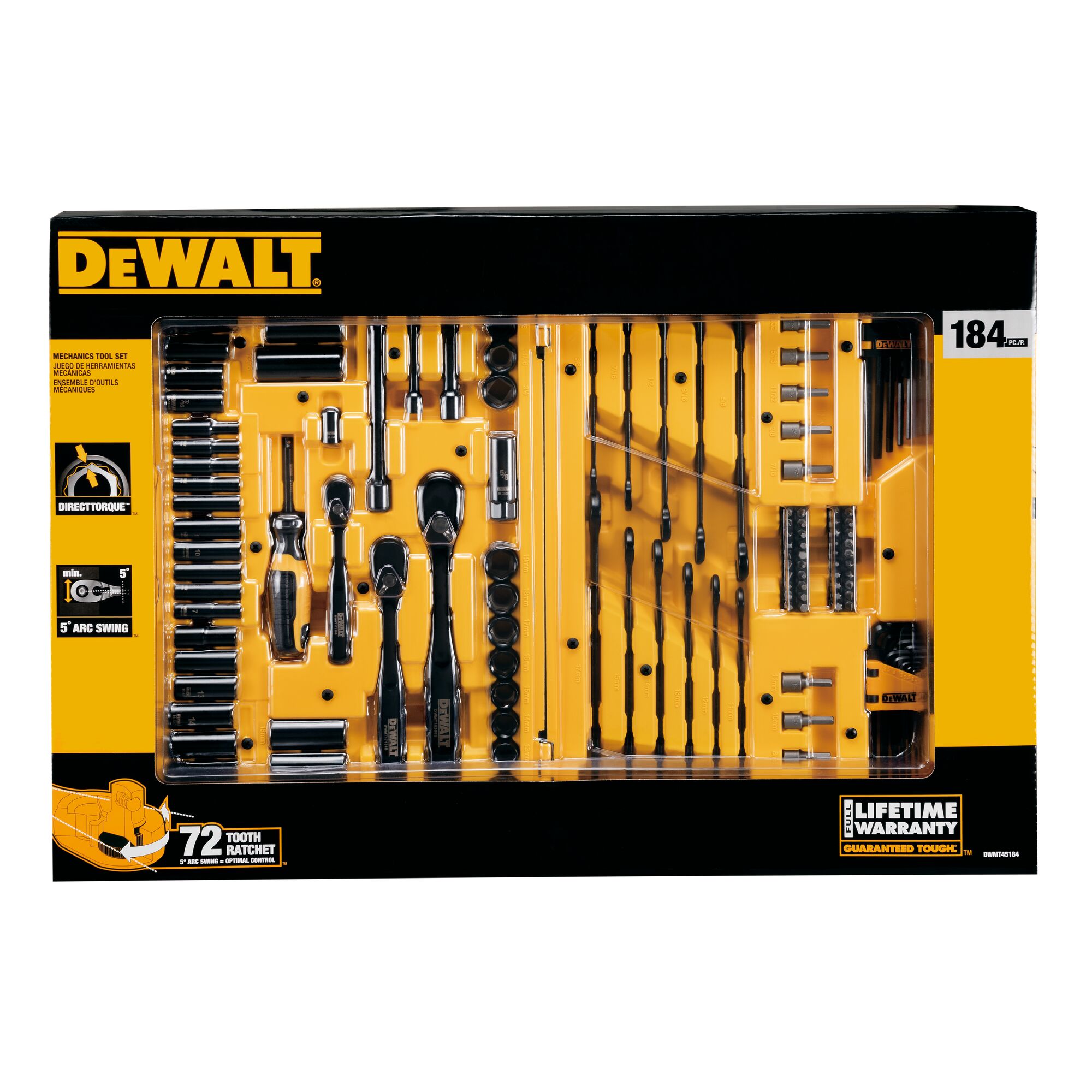 DEWALT mechanics tool set, model DWMT45184, displayed in packaging with 184 pieces including ratchets, sockets, drill bits, and accessories. Tool set features a lifetime warranty and is arranged neatly in a yellow tray.