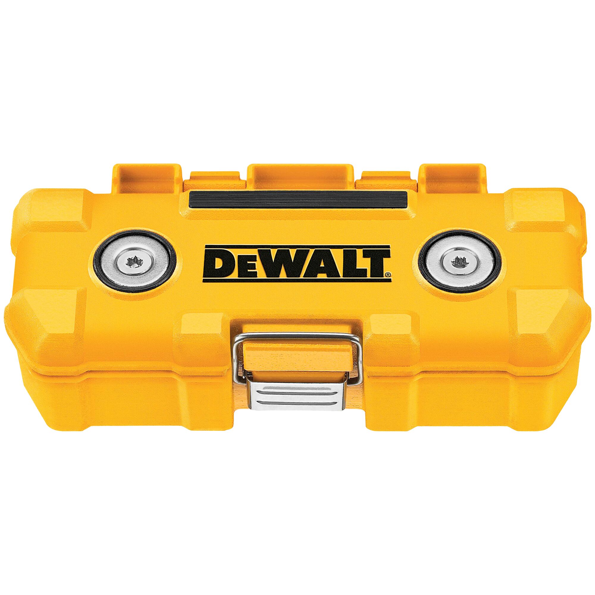 A yellow DEWALT branded hard plastic case with metal latches and reinforced corners, designed for secure storage.