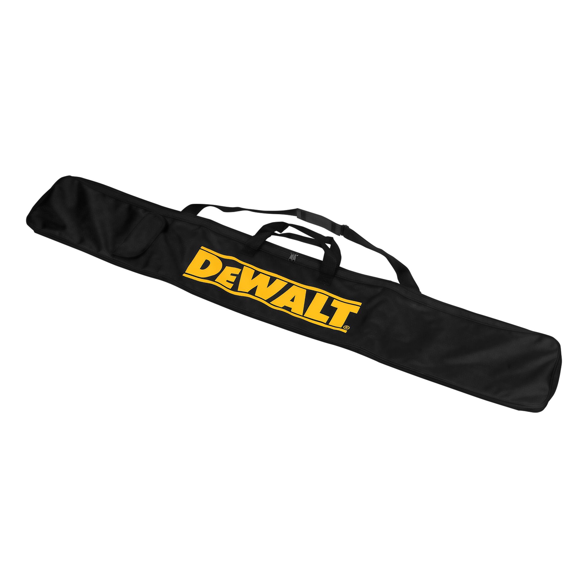 Photo of DEWALT black carrying bag, yellow logo, for DWS5025-XJ, DWS5025, top angle, for photography equipment.