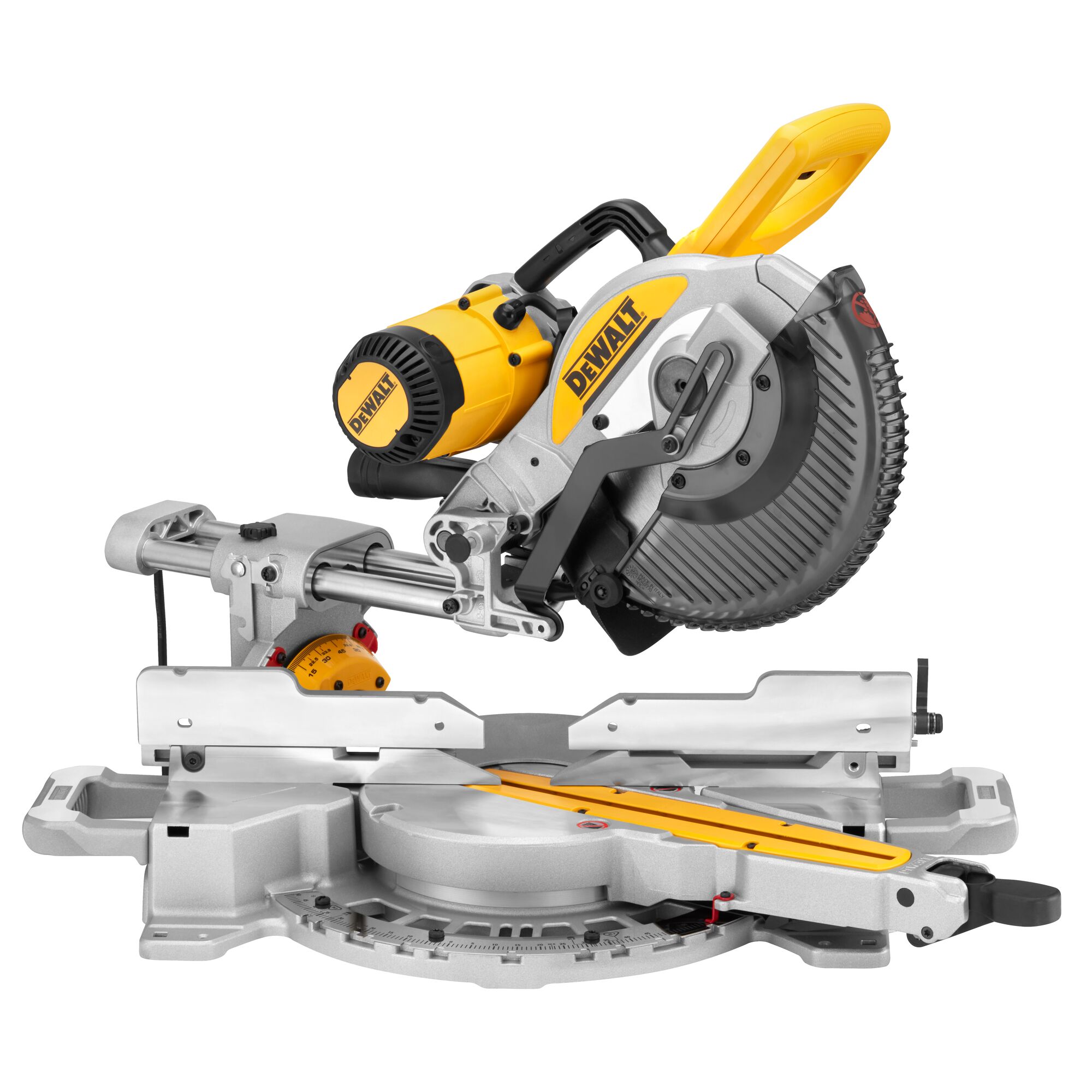 A DEWALT branded sliding compound miter saw with a yellow and silver design. The tool is equipped with a circular saw blade, adjustable fence, and miter gauge, intended for precise woodworking and cutting tasks.