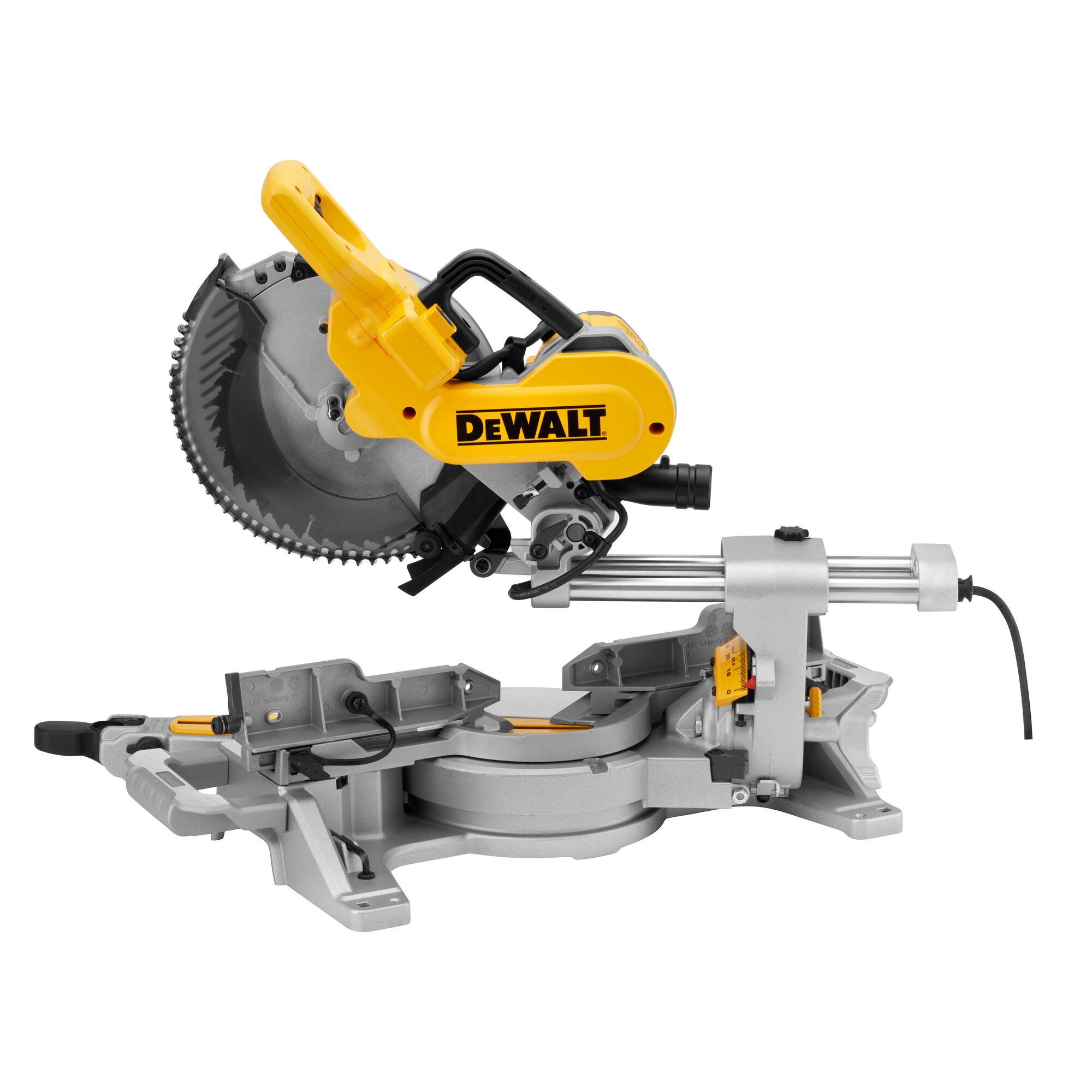 A DEWALT branded sliding compound miter saw with a yellow and gray design, showing the circular saw blade, adjustable arm, and power cord.